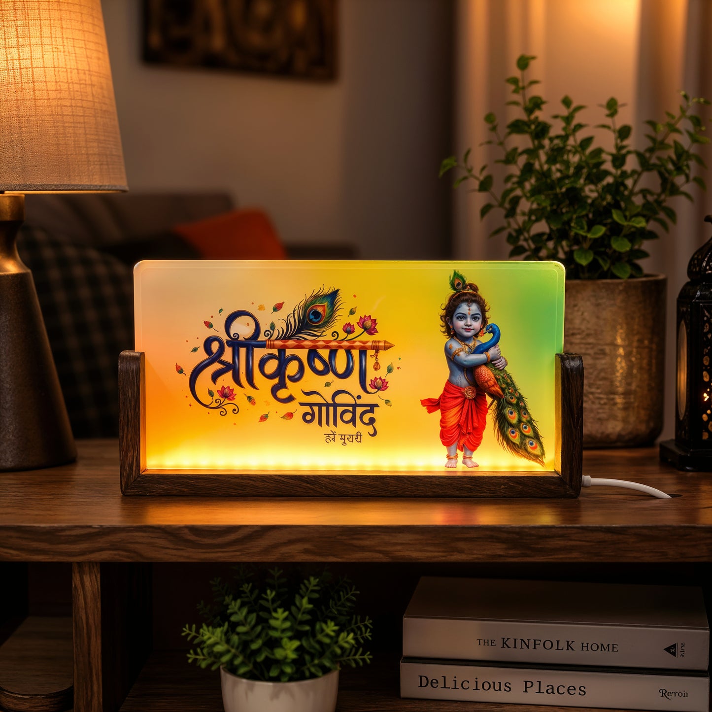 Shree Krishna Acrylic LED Table Lamp - Wooden Stand