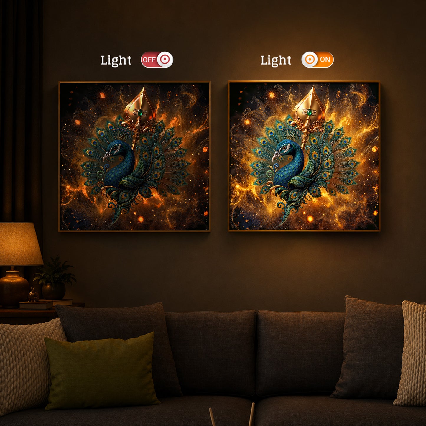 Lord Murugan’s Majestic Peacock Modern Luxury Backlight Square Wall Art