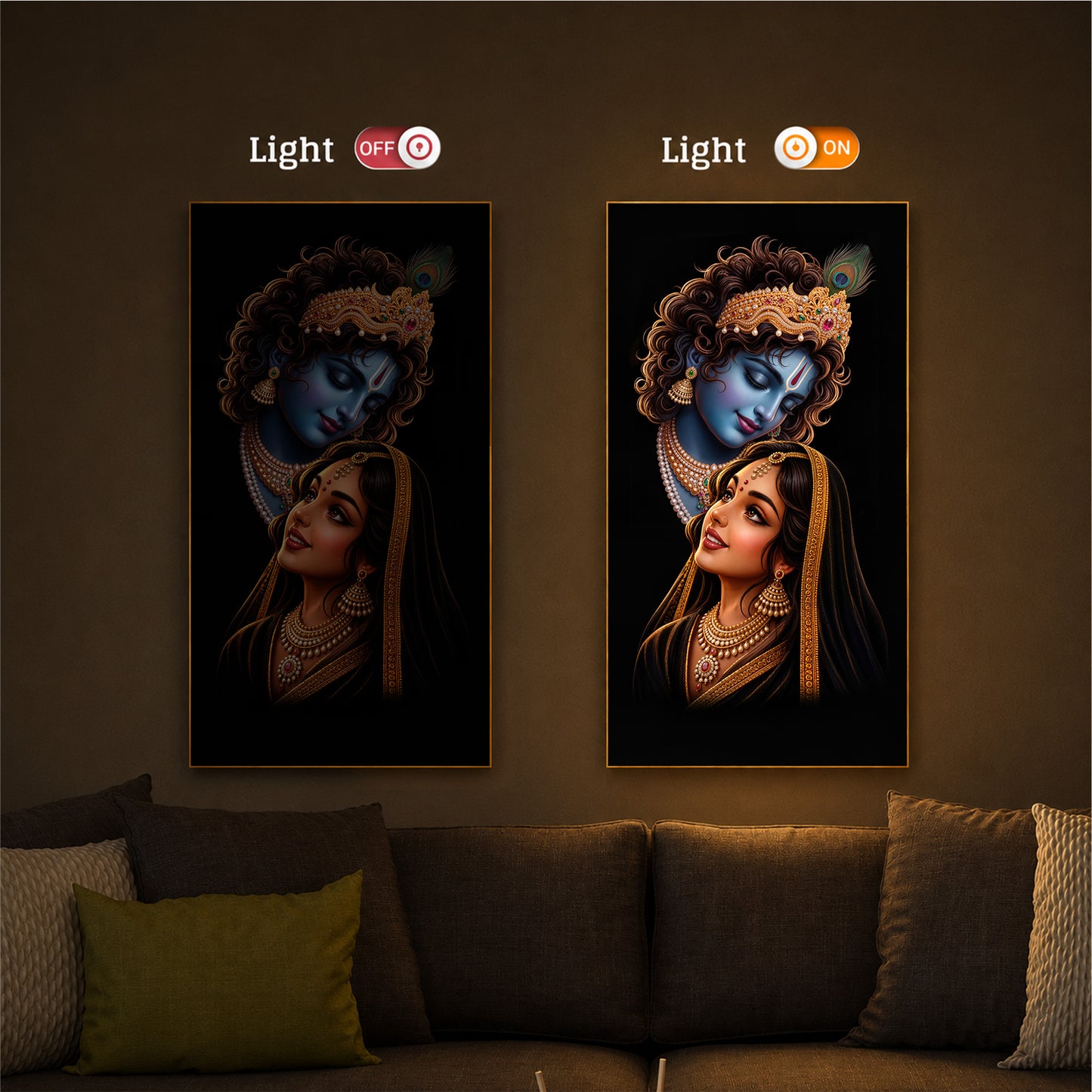 Hindu Deities Shri Radha Krishna Modern Luxury Backlight Vertical Wall Art