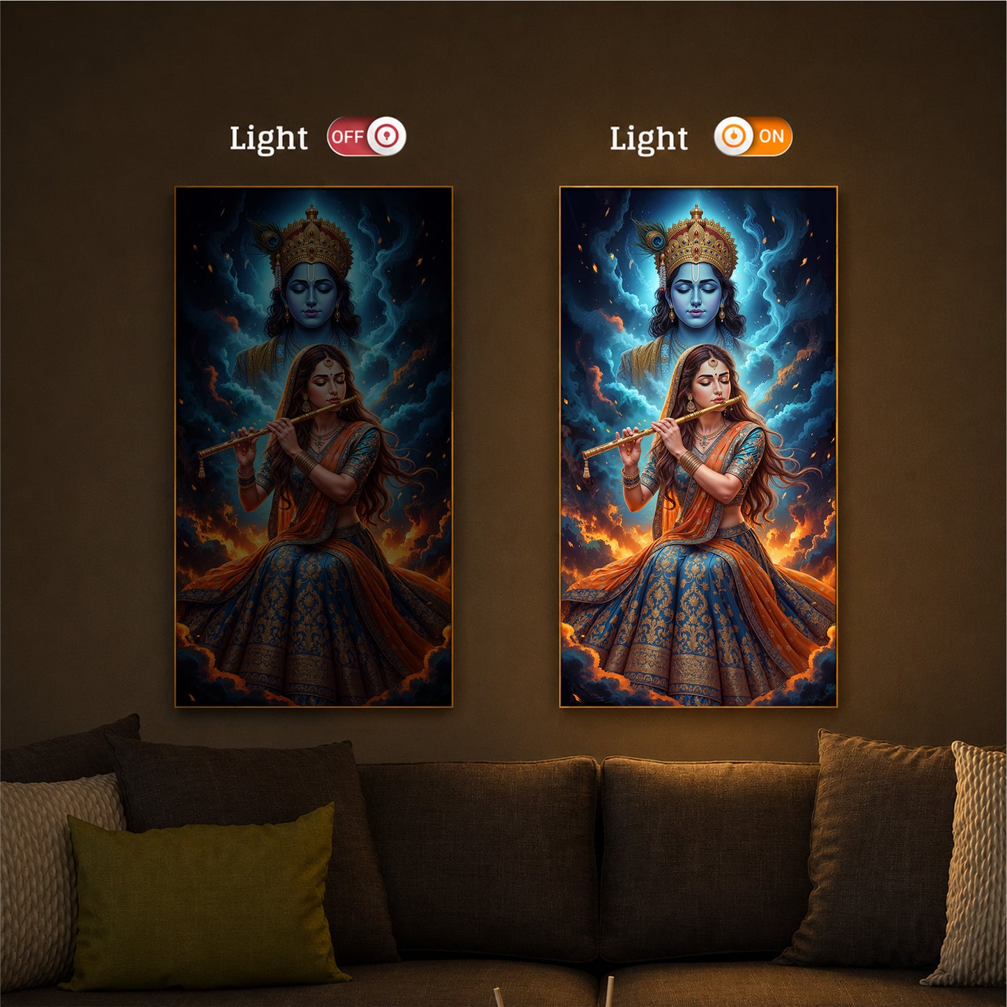 Radhe Krishna Colorful Modern Luxury Backlight Vertical Wall Art