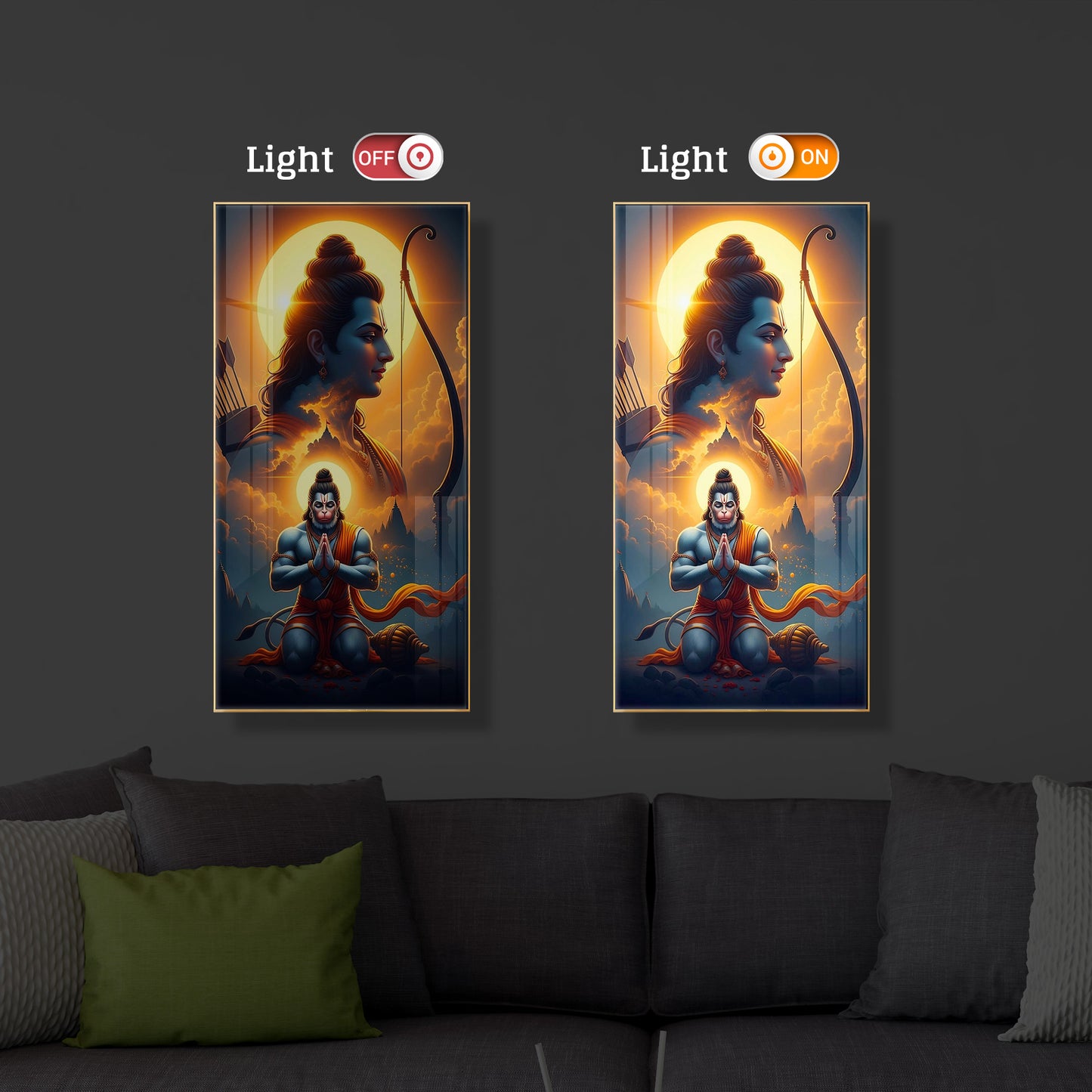 Ram and Hanuman Ji Modern Luxury Backlight Vertical Wall Art