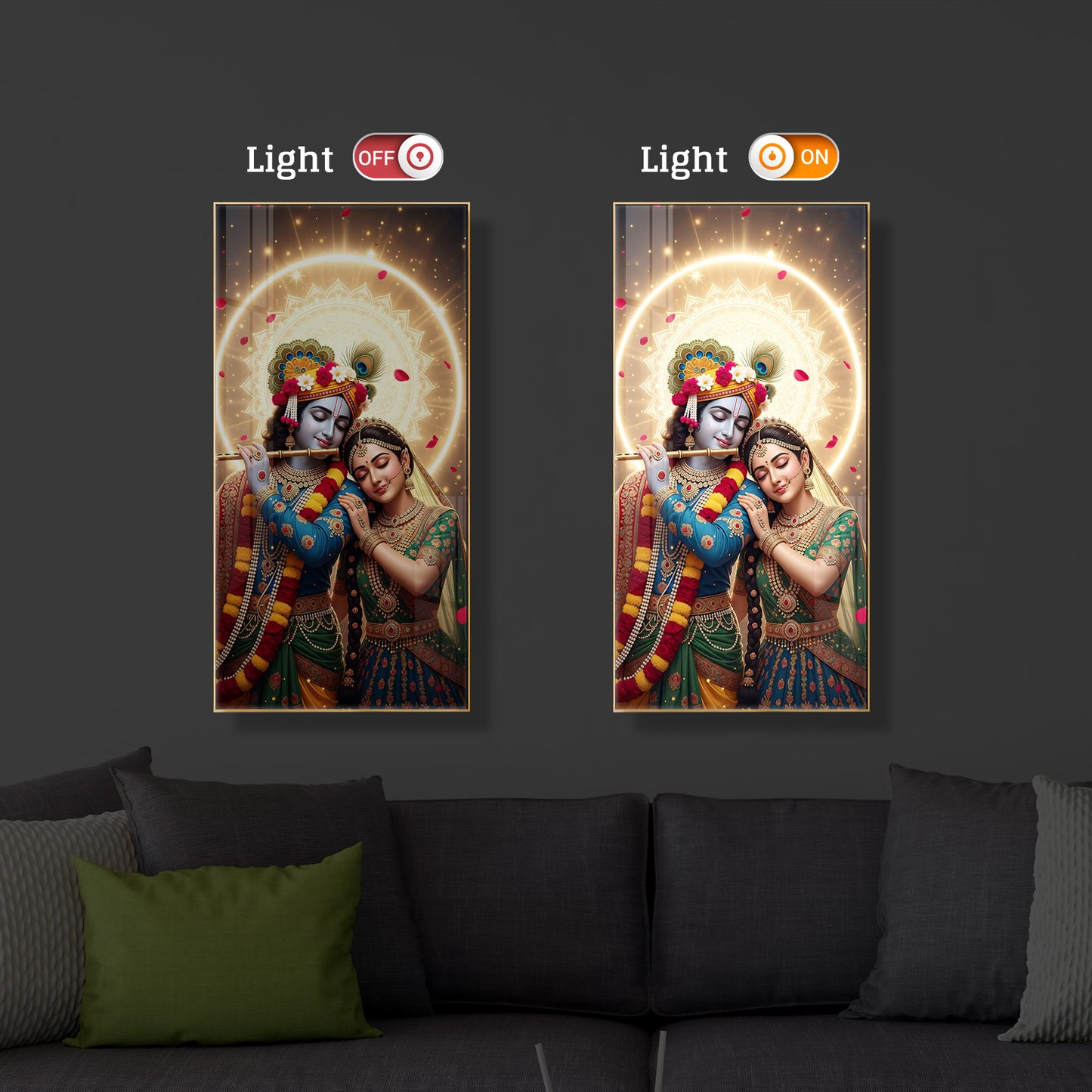 Couple Radhe Krishna Modern Luxury Backlight Vertical Wall Art