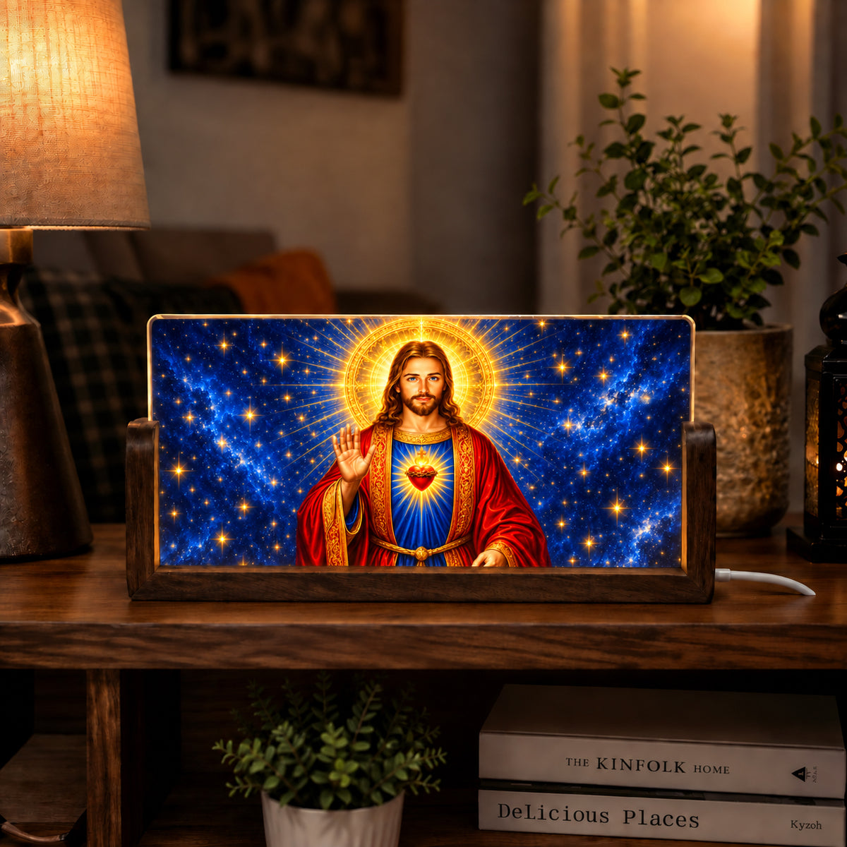 Holy Jesus Acrylic LED Table Lamp - Wooden Stand