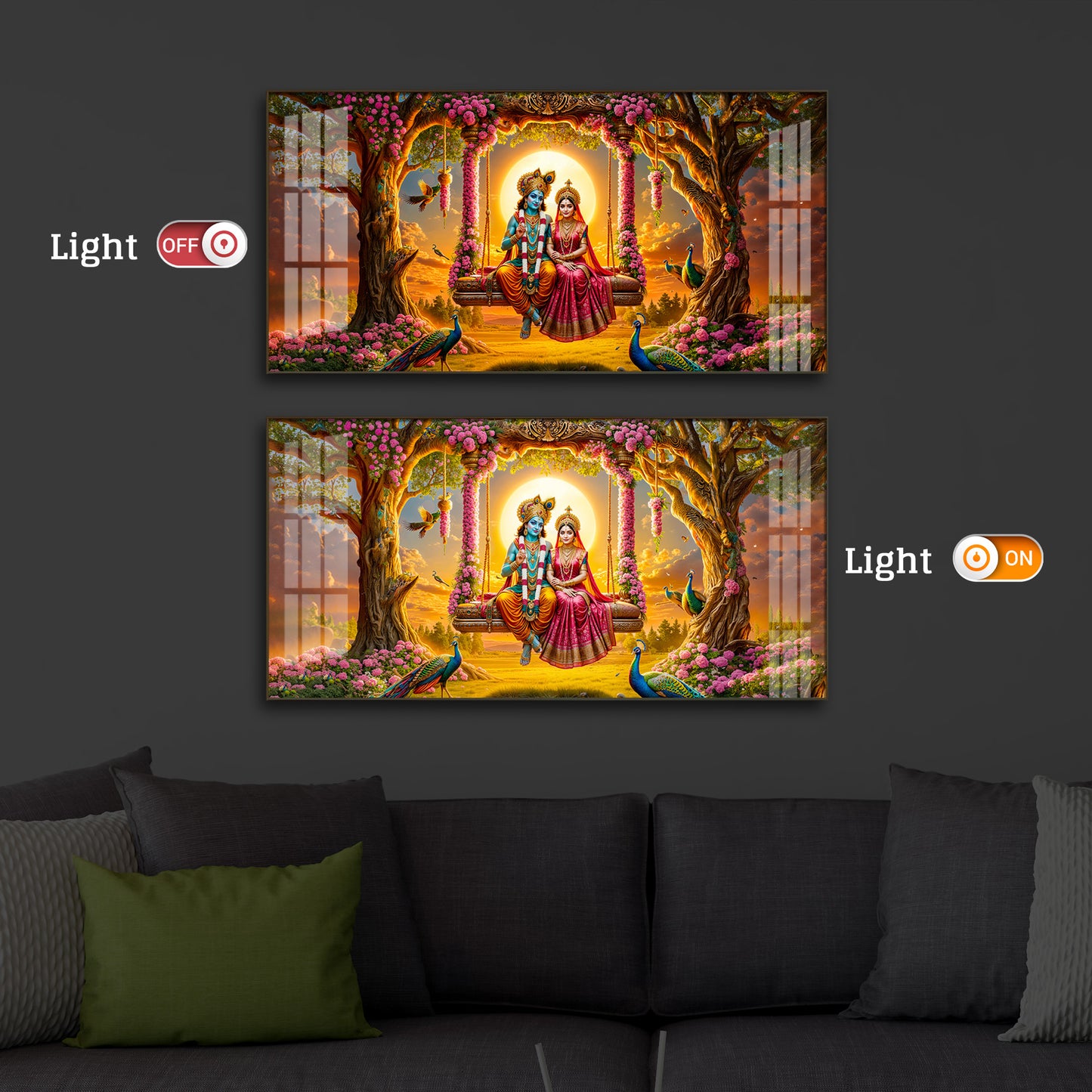 Loving Couple Lord Radha Krishna Modern Luxury Backlight Horizontal Wall Art