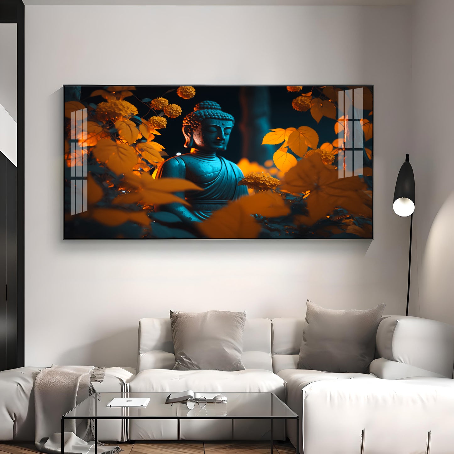 Buddha With Golden Autumn Fall Premium Acrylic Horizontal Wall Art