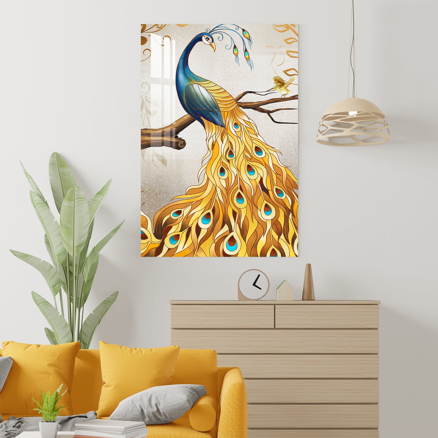 Peacock With Golden Feathers Acrylic Wall Art
