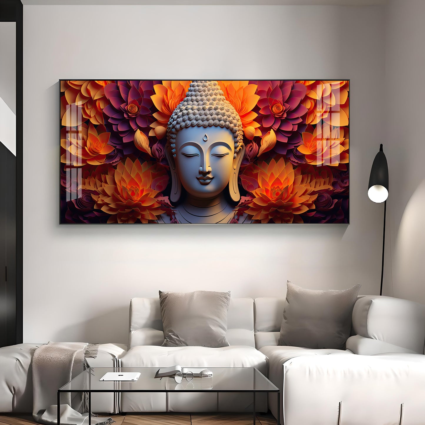 Buddha With Blooming Flower Premium Acrylic Horizontal Wall Art