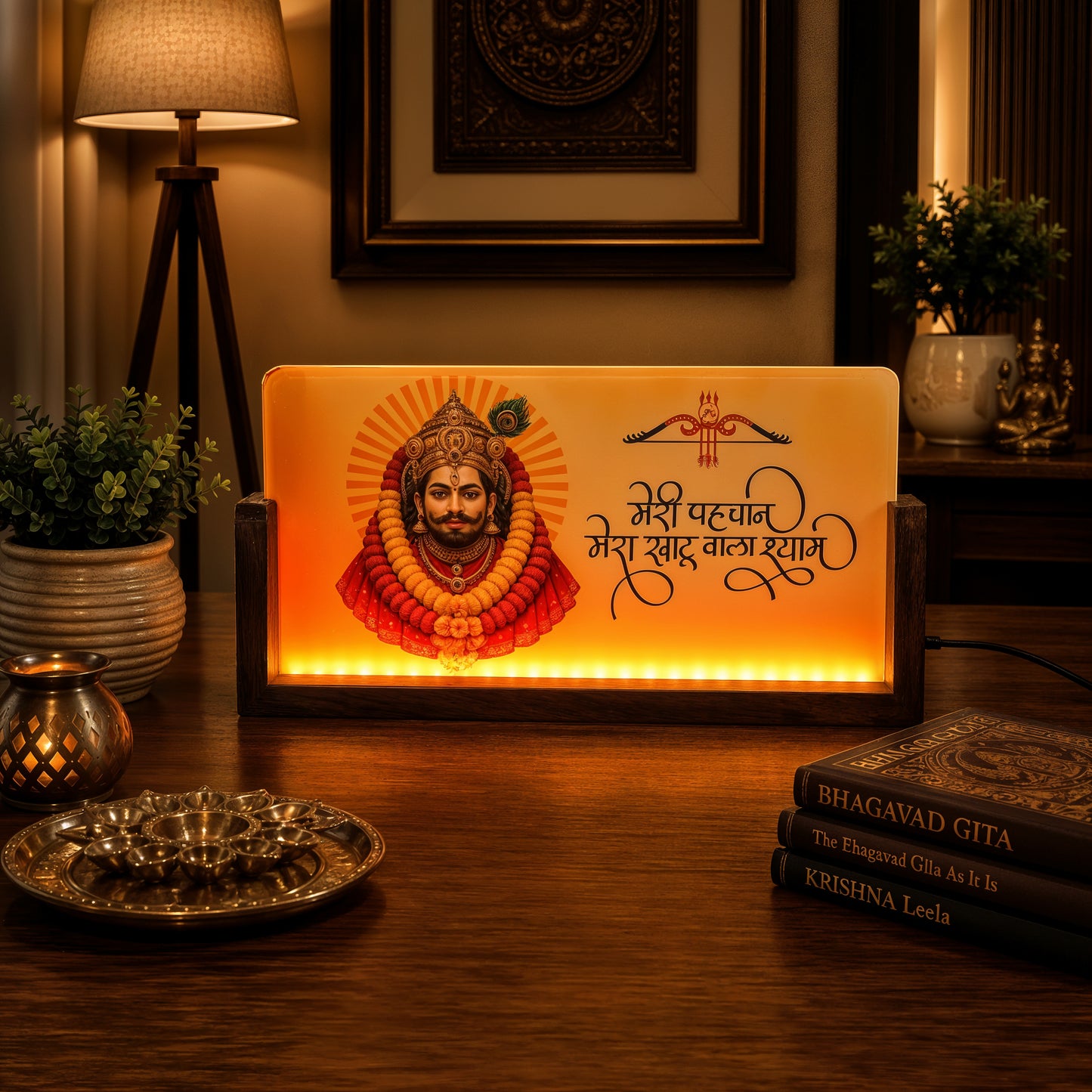 Khatu Shyam Ji Acrylic LED Table Lamp - Wooden Stand
