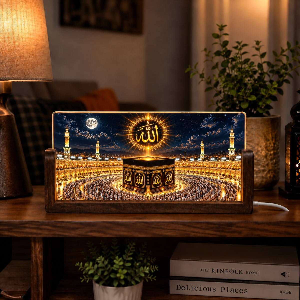 Glowing Allah & Kaaba Acrylic LED Table Lamp - Wooden Stand