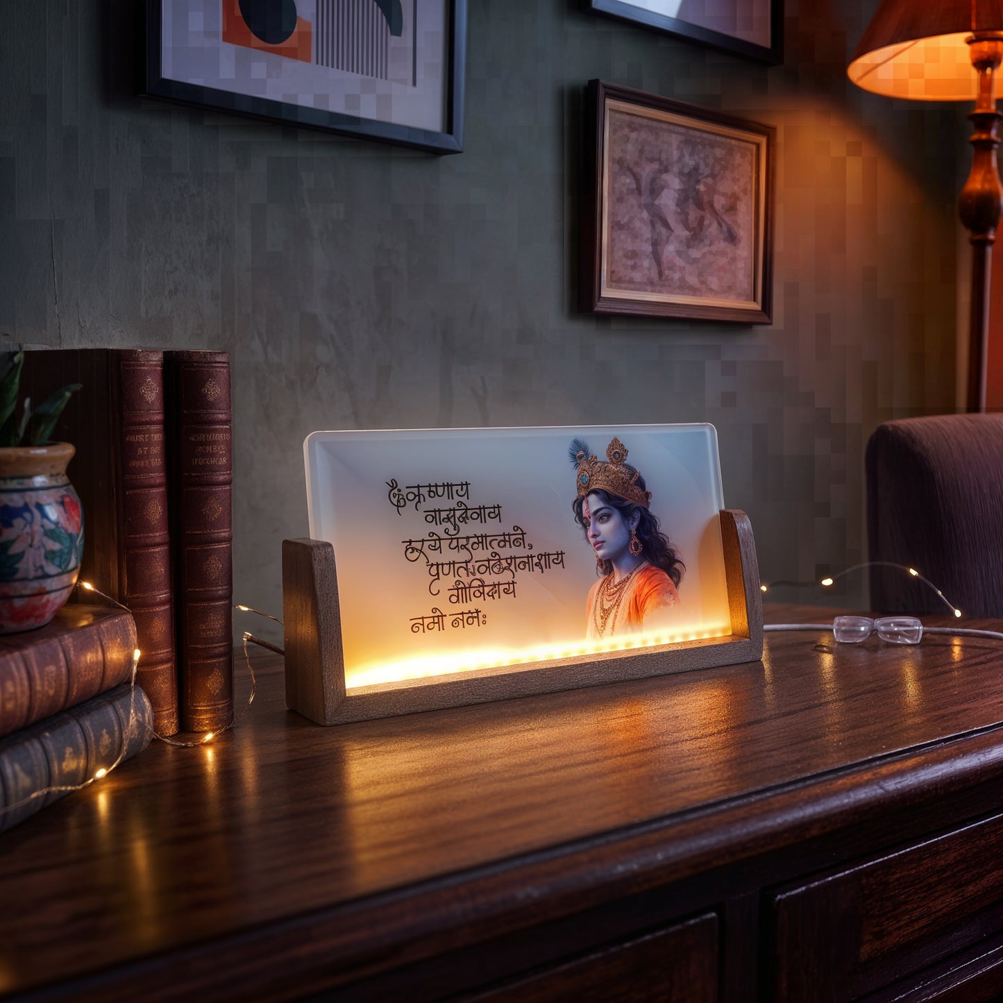 God Krishna Acrylic LED Table Lamp - Wooden Stand