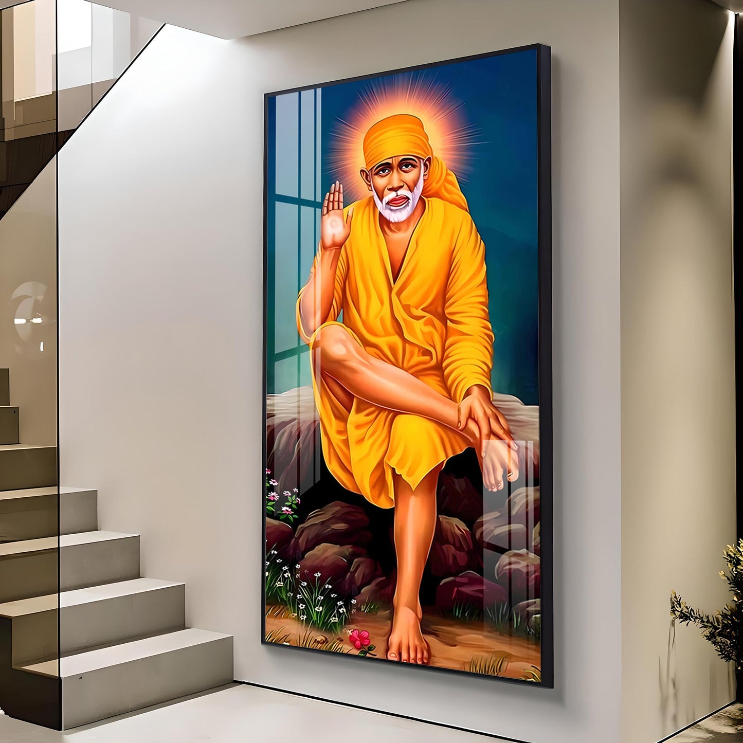 Shirdi Sai Baba Premium Acrylic Vertical Wall Art - 24X12 inches / Gold