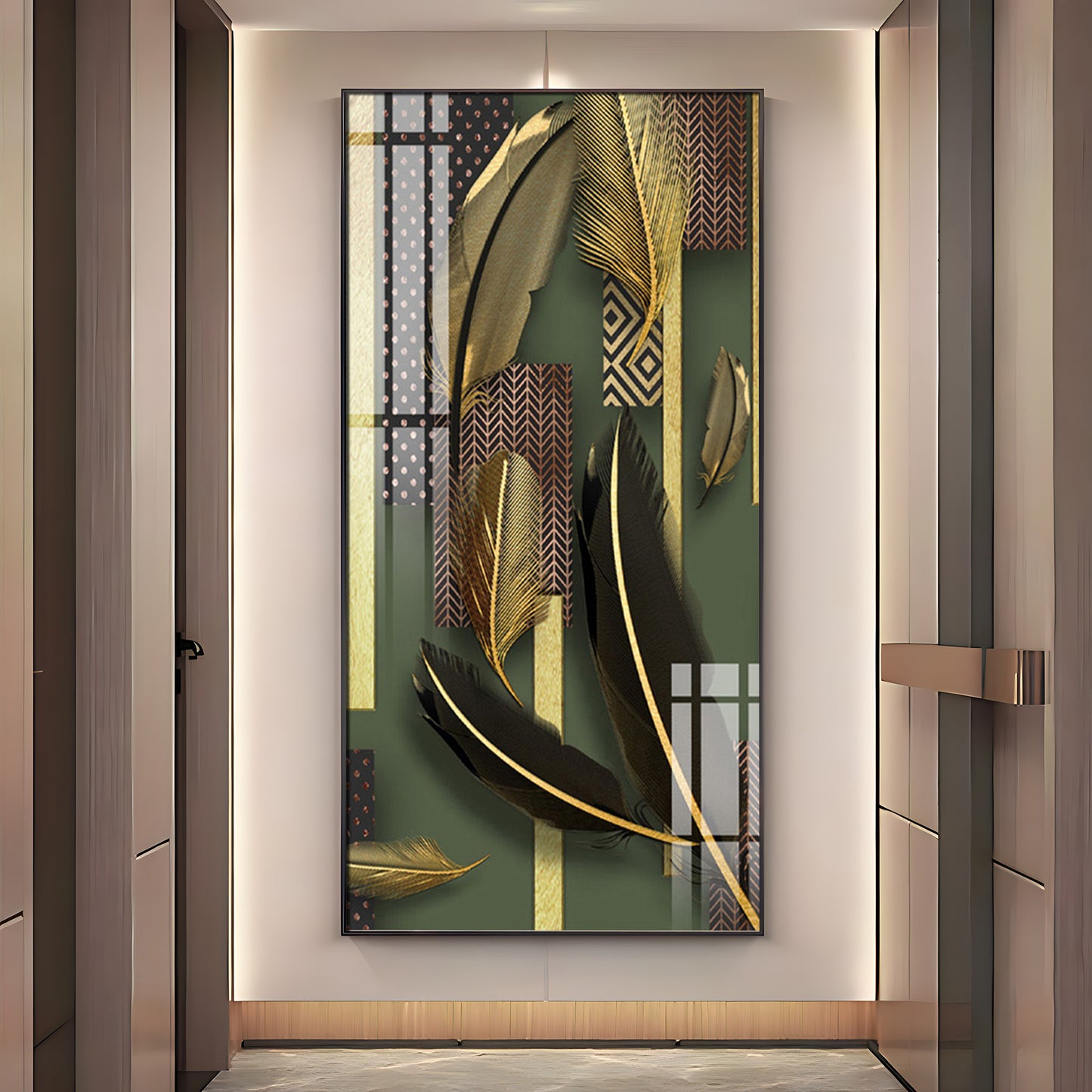 Black & Golden Feathers Premium Acrylic Vertical Wall Art