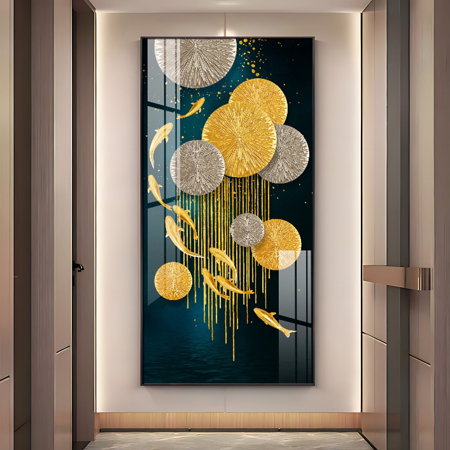 Golden Fish With Lotus Premium Acrylic Wall Art