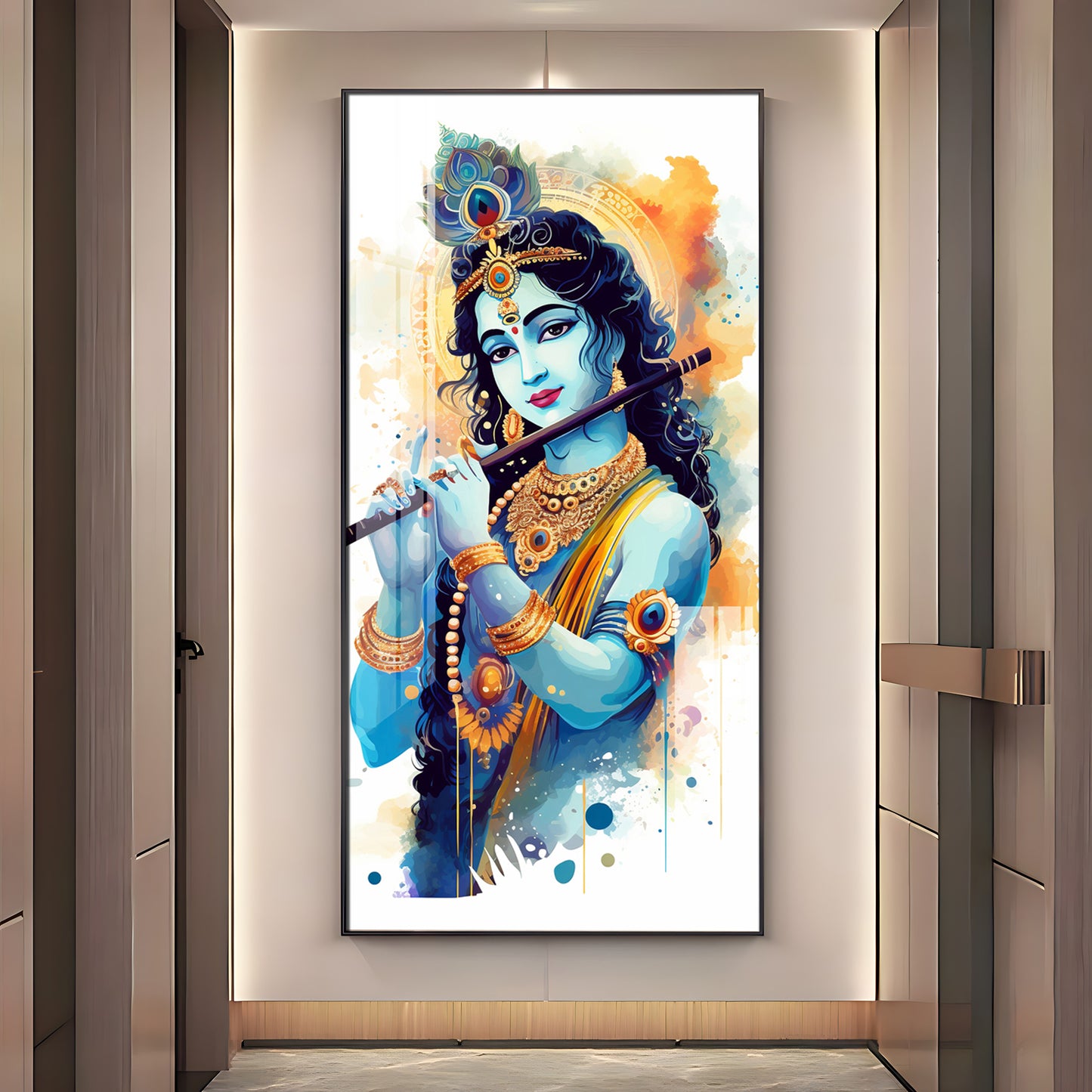 Shree Krishna With Flute Premium Acrylic Vertical Wall Art