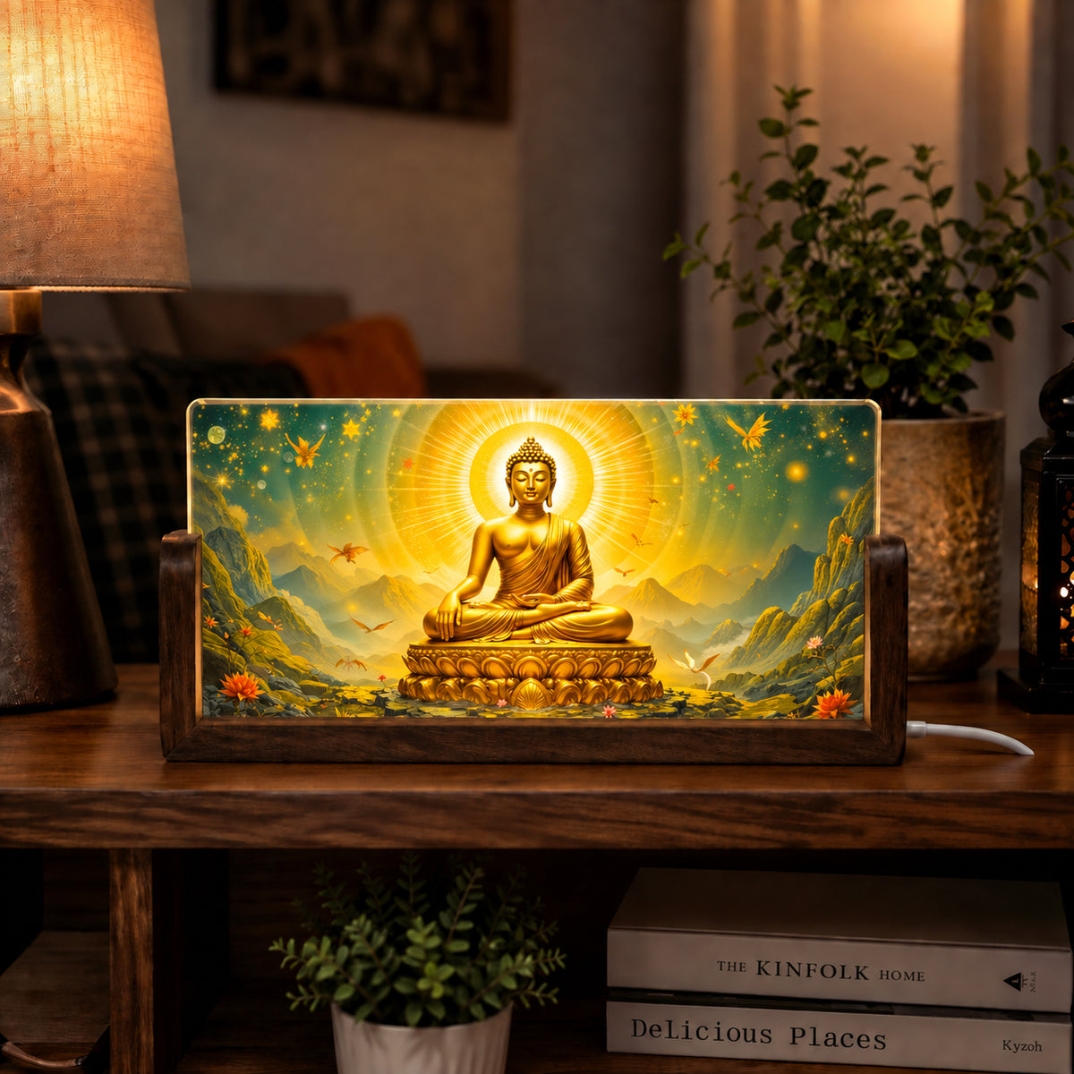 Meditating Buddha Acrylic LED Table Lamp - Wooden Stand
