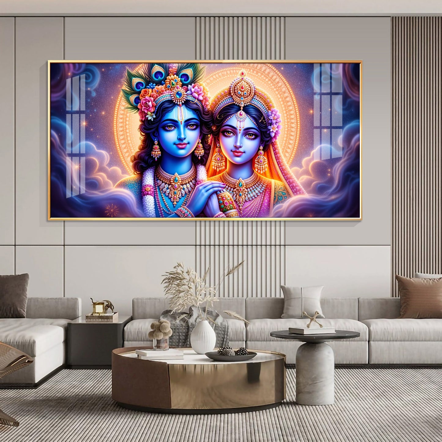 Radha Krishna In Majestic Cloud Premium Acrylic Horizontal Wall Art