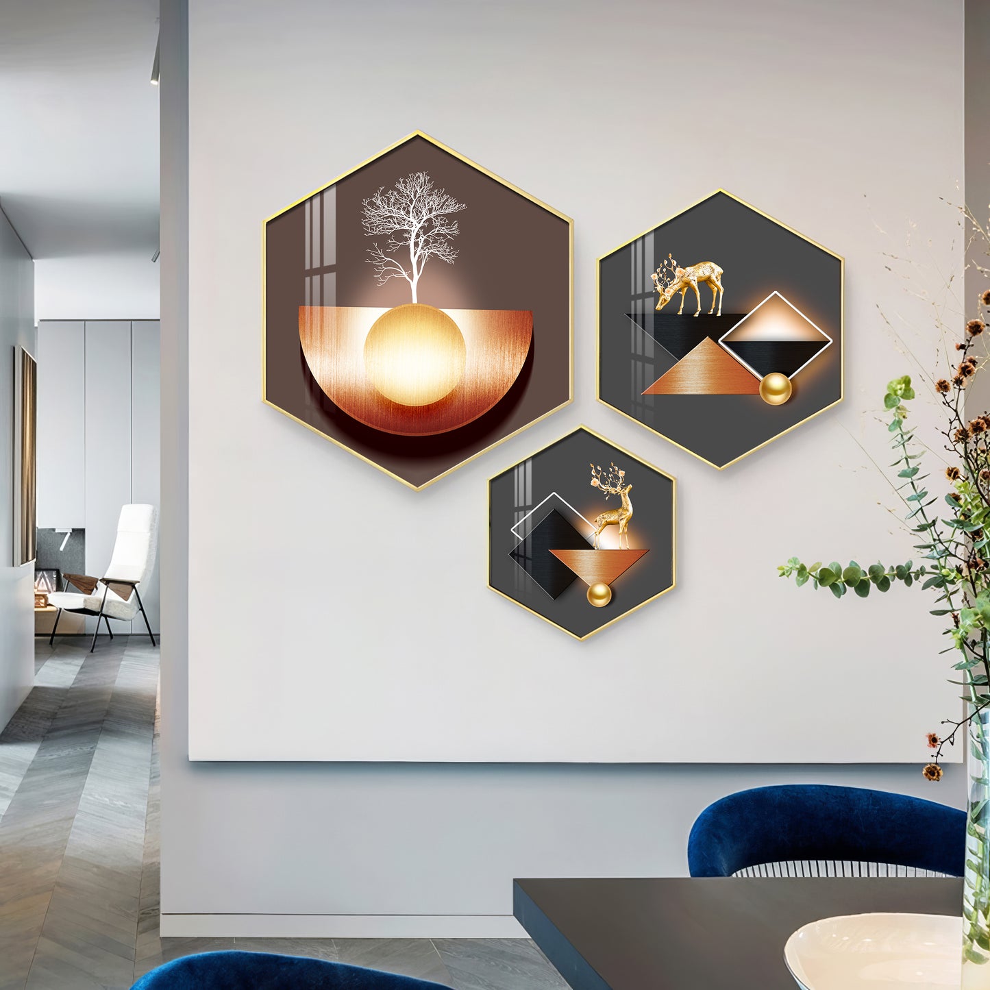 A Hoping Reindeer Premium Acrylic Hexagon Wall Art (Set of 3)