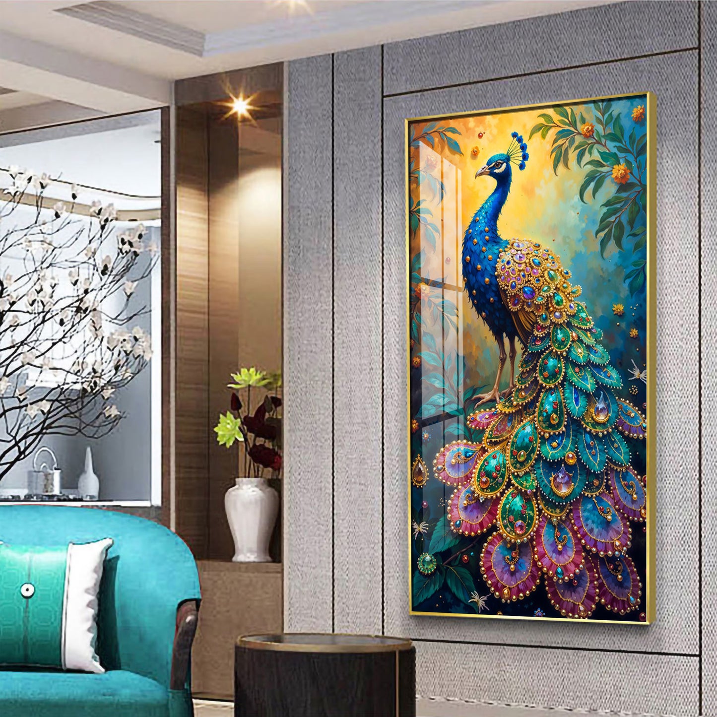 Peacock In Sunrise Premium Acrylic Vertical Wall Art