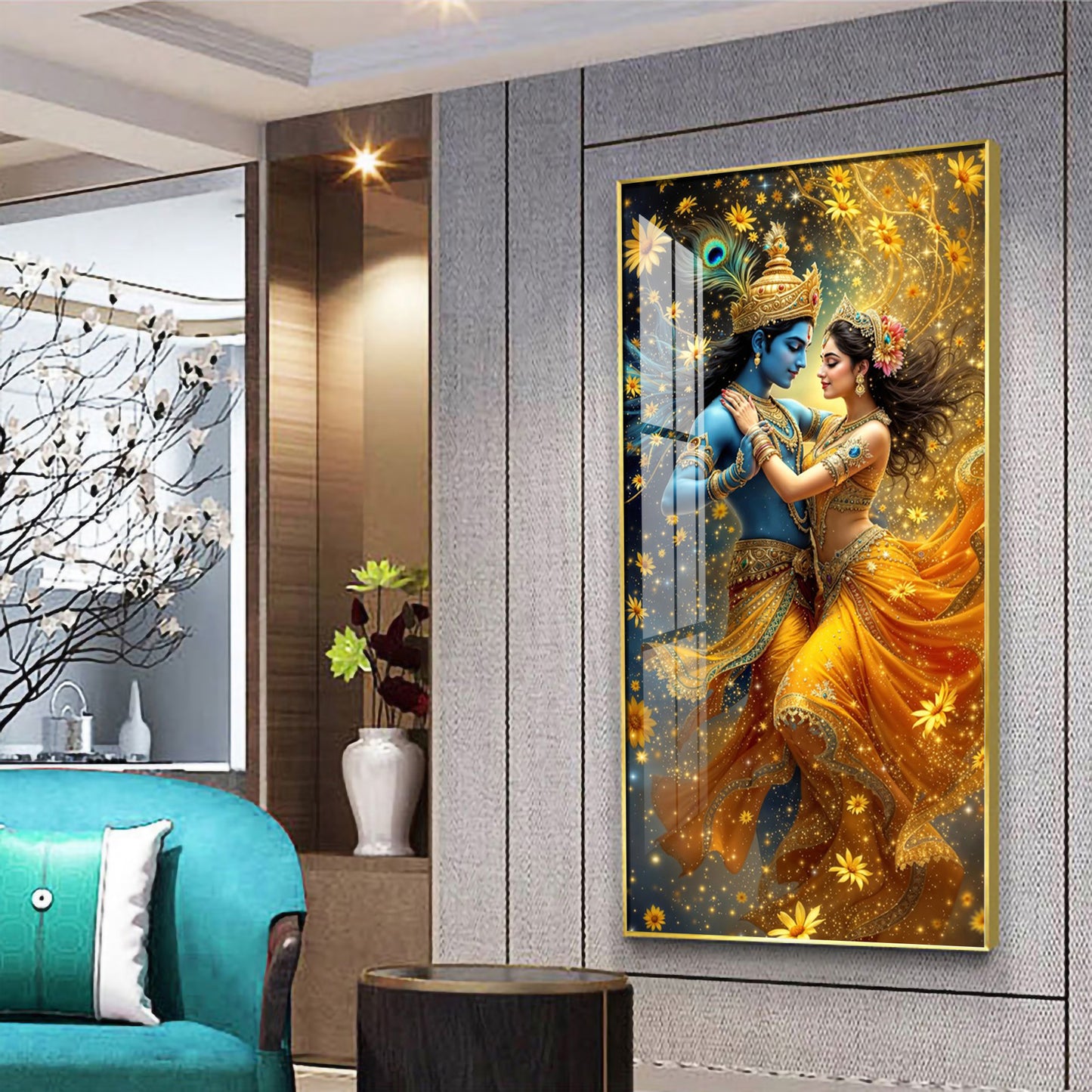 Radha And Krishna in Golden Splendor Flower Premium Acrylic Vertical Wall Art