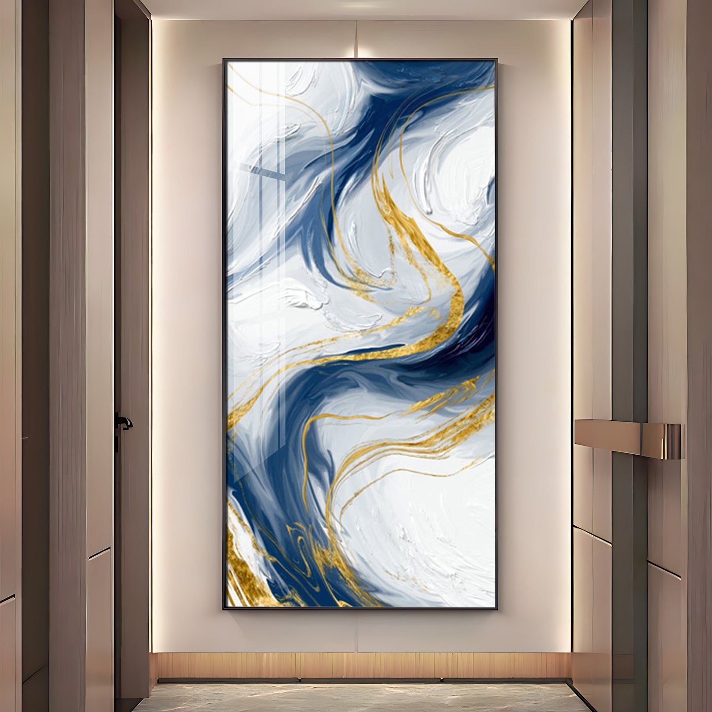Abstract Blue Gold waves Premium Acrylic Vertical Wall Art