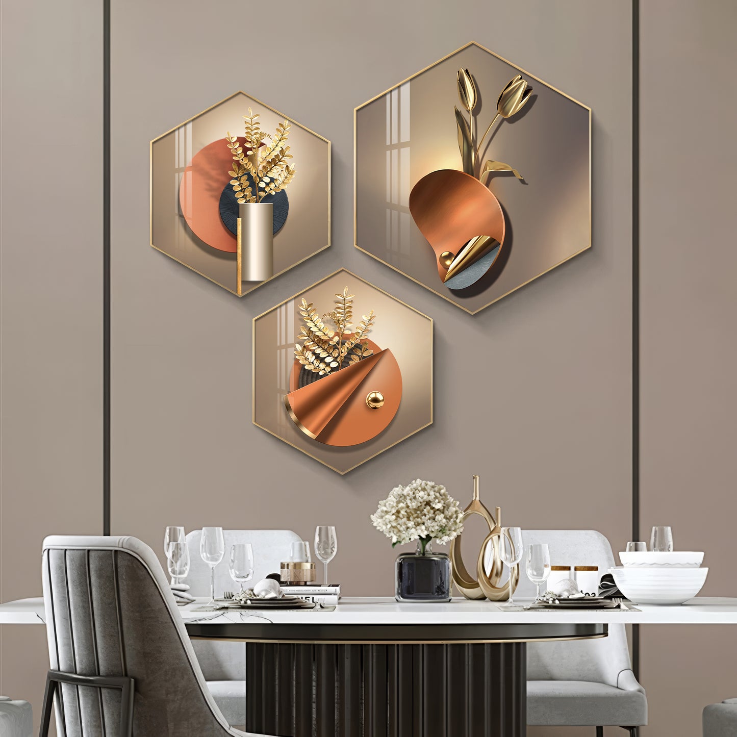 3D Petal Abstract Premium Acrylic Hexagon Wall Art (Set of 3)