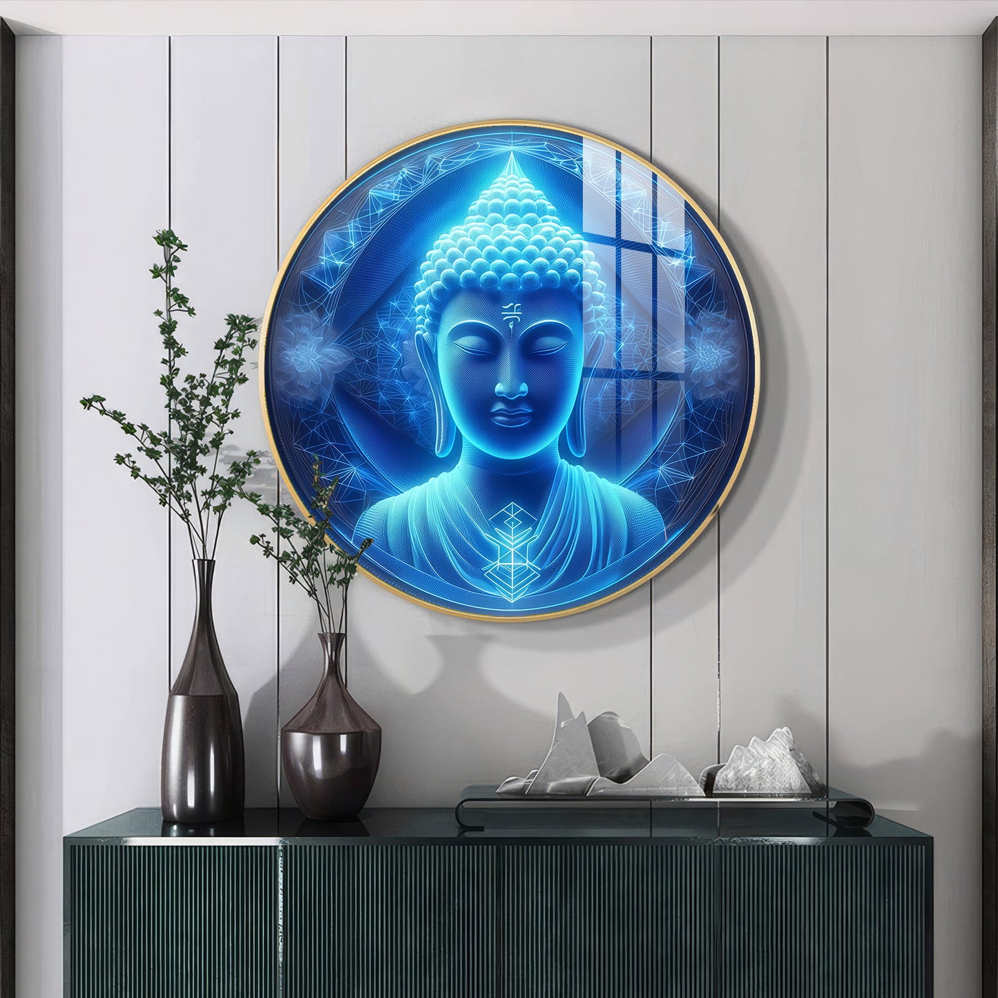Sacred Buddha In Blue Premium Acrylic Round Wall Art