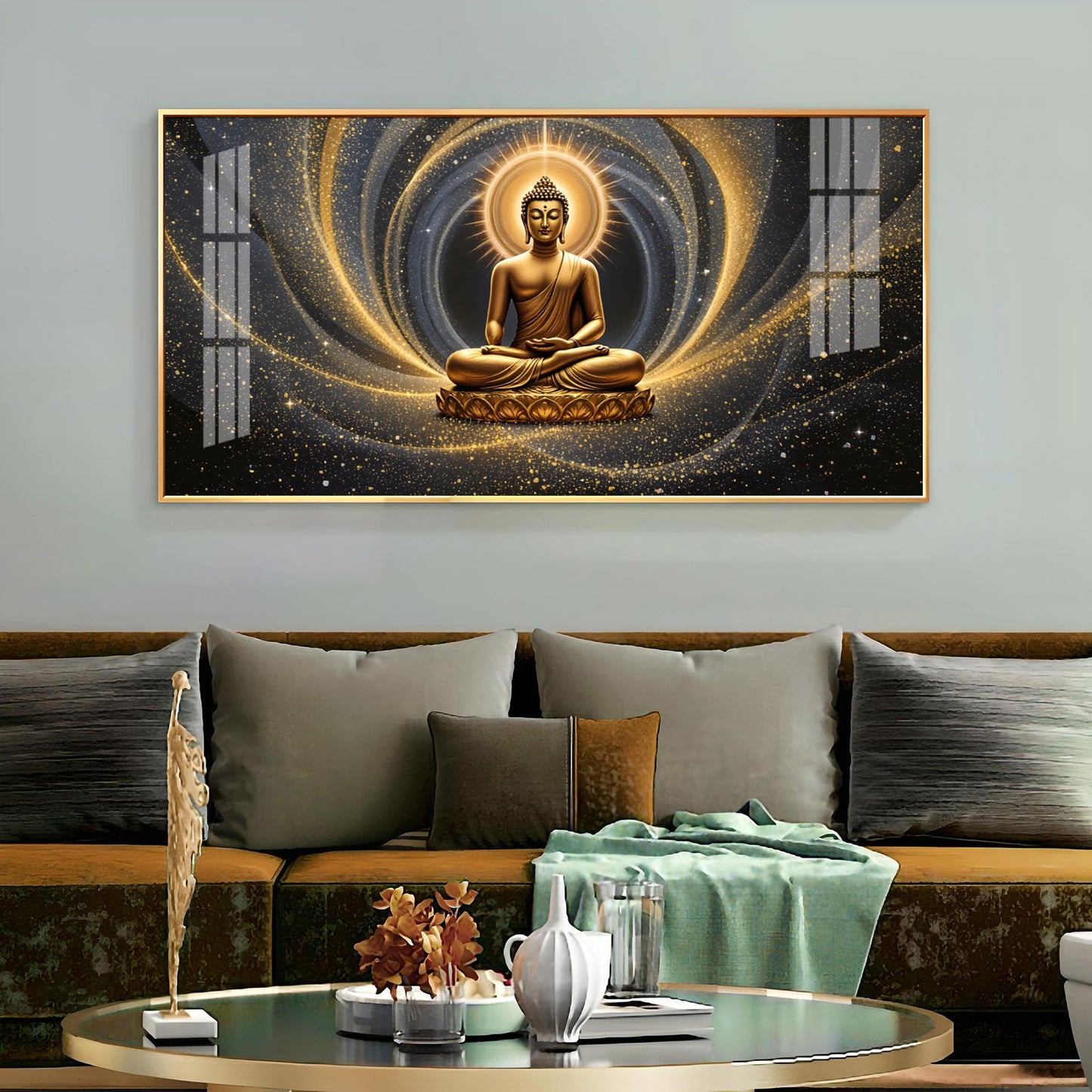 Golden Wave Buddha Reflection Premium Acrylic Horizontal Wall Art