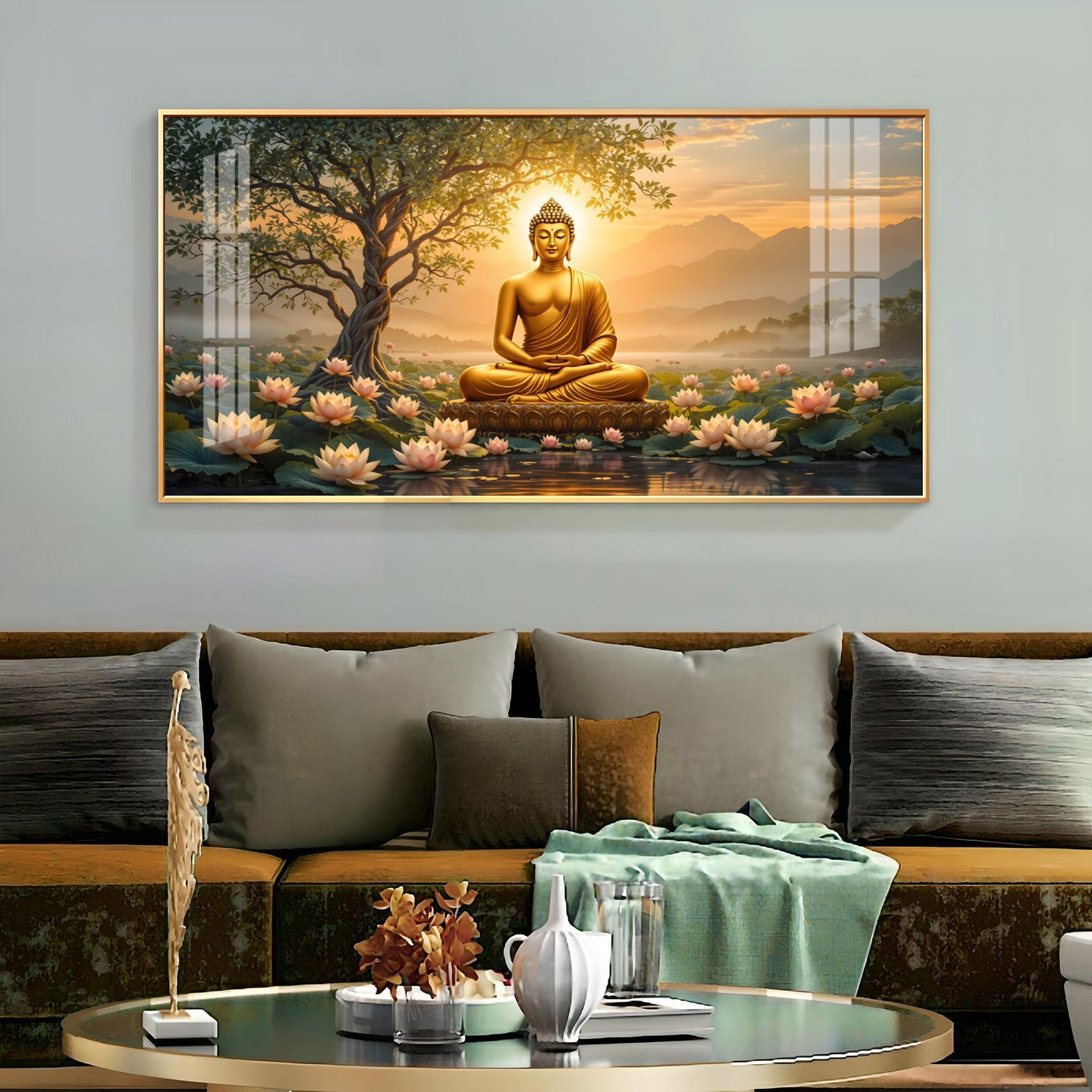 Blissful Buddha With Lotus Petal Premium Acrylic Horizontal Wall Art