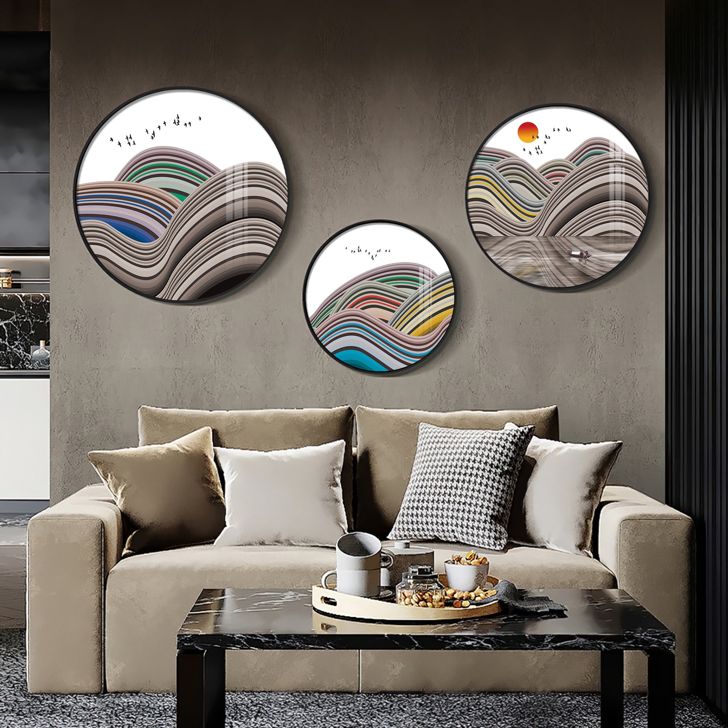 Flair Style Hills Premium Acrylic Round Wall Art (Set of 3)