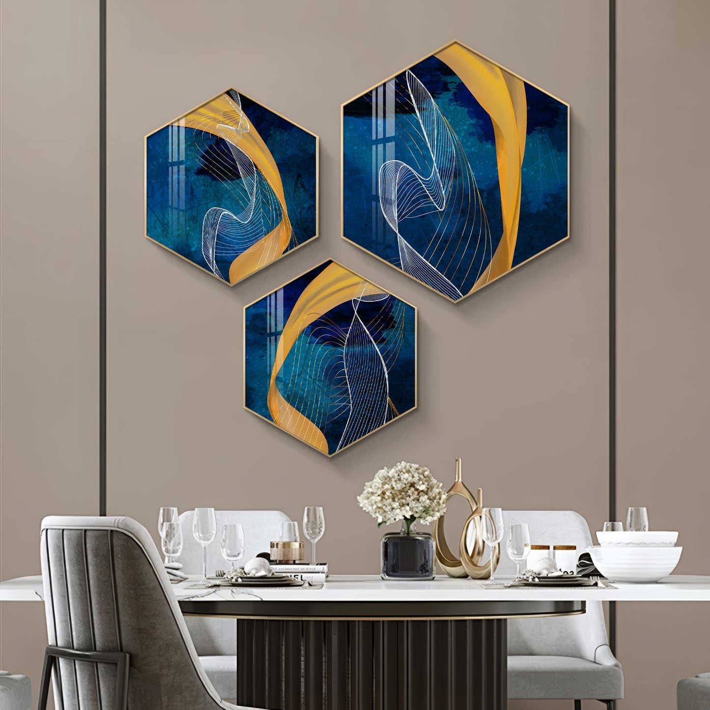 Asatic Wave Premium Acrylic Hexagon Wall Art (Set of 3)