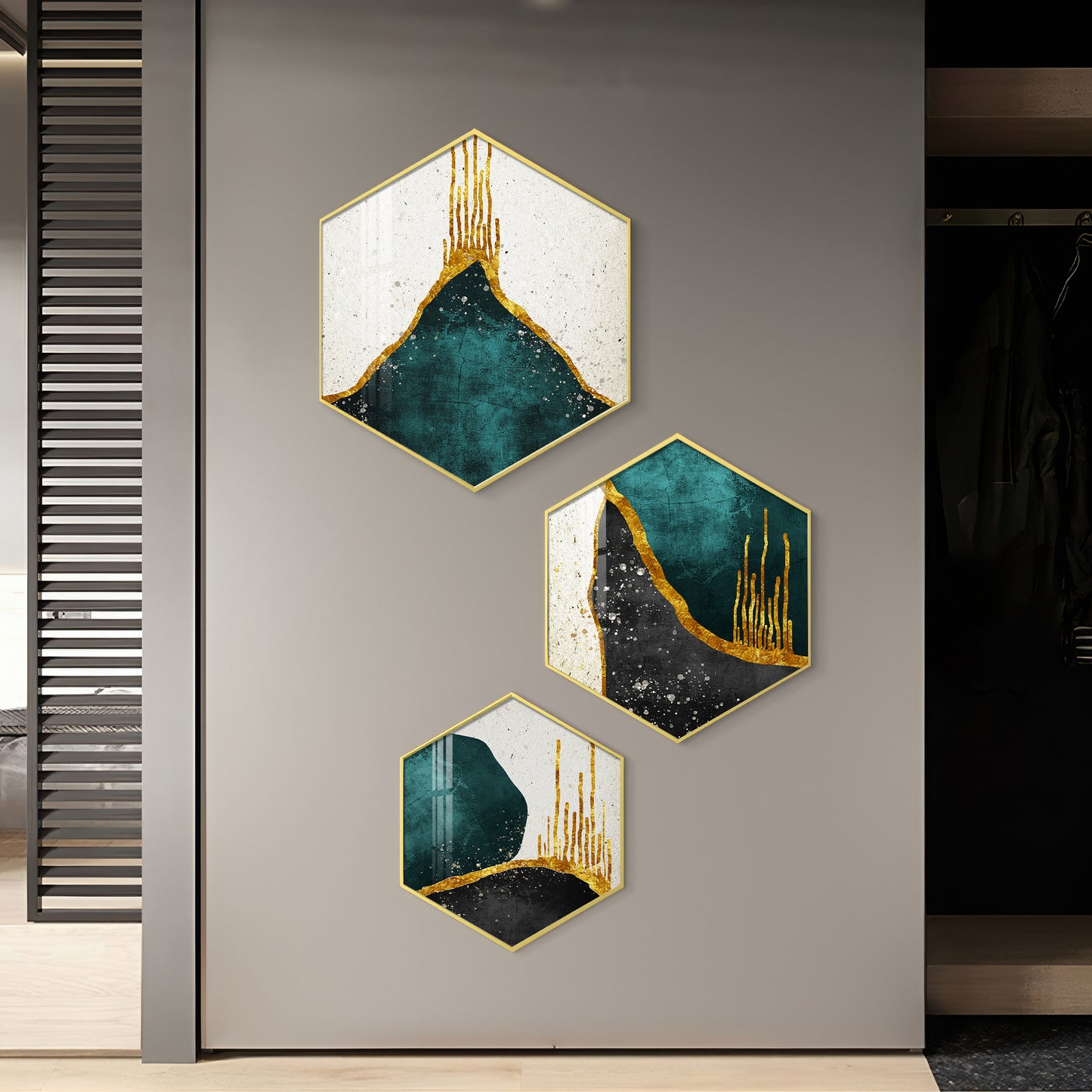 3D Metallic Abstract Premium Acrylic Hexagon Wall Art (Set of 3)