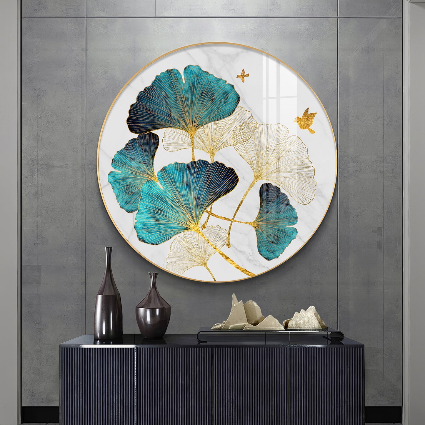 Blue Leaf Premium Acrylic Round Wall Art