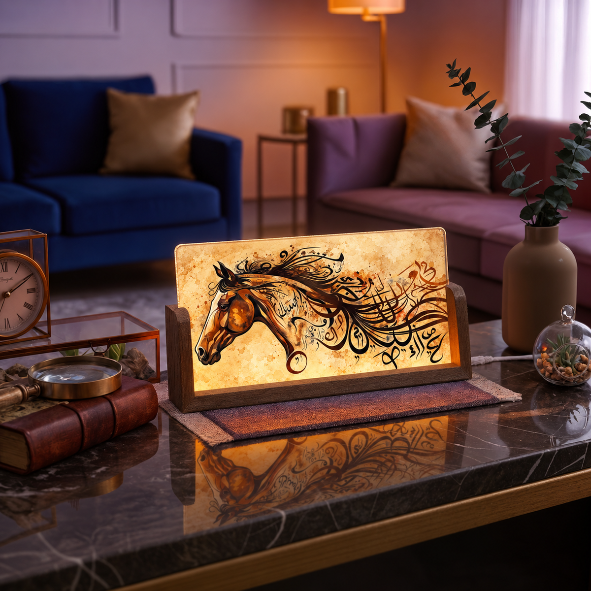 Arabic Horse Acrylic LED Table Lamp - Wooden Stand
