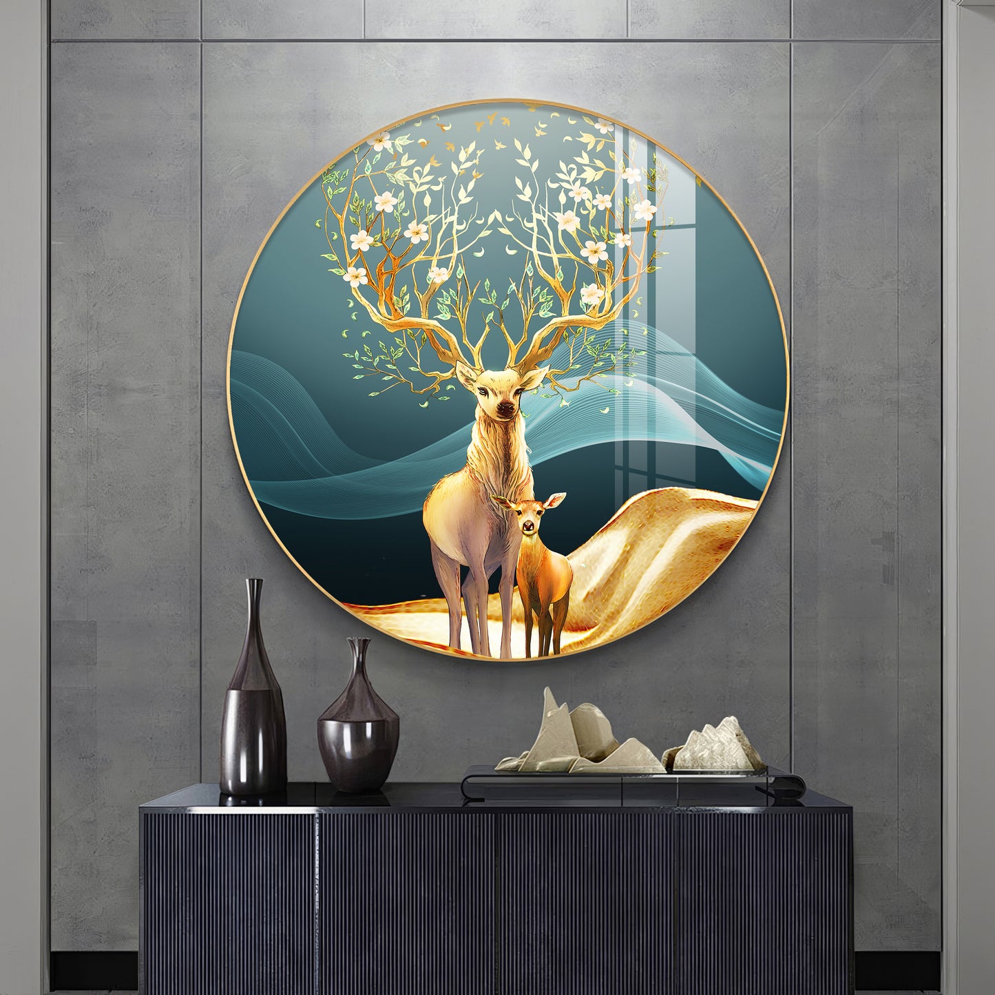 Deer in Bloom Premium Acrylic Round Wall Art