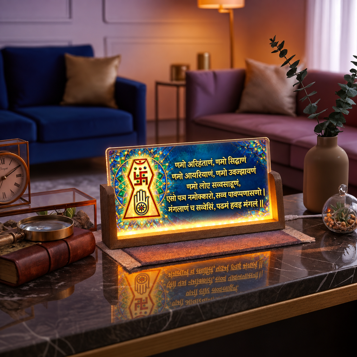 Jain Symbol Navkar Acrylic LED Table Lamp - Wooden Stand