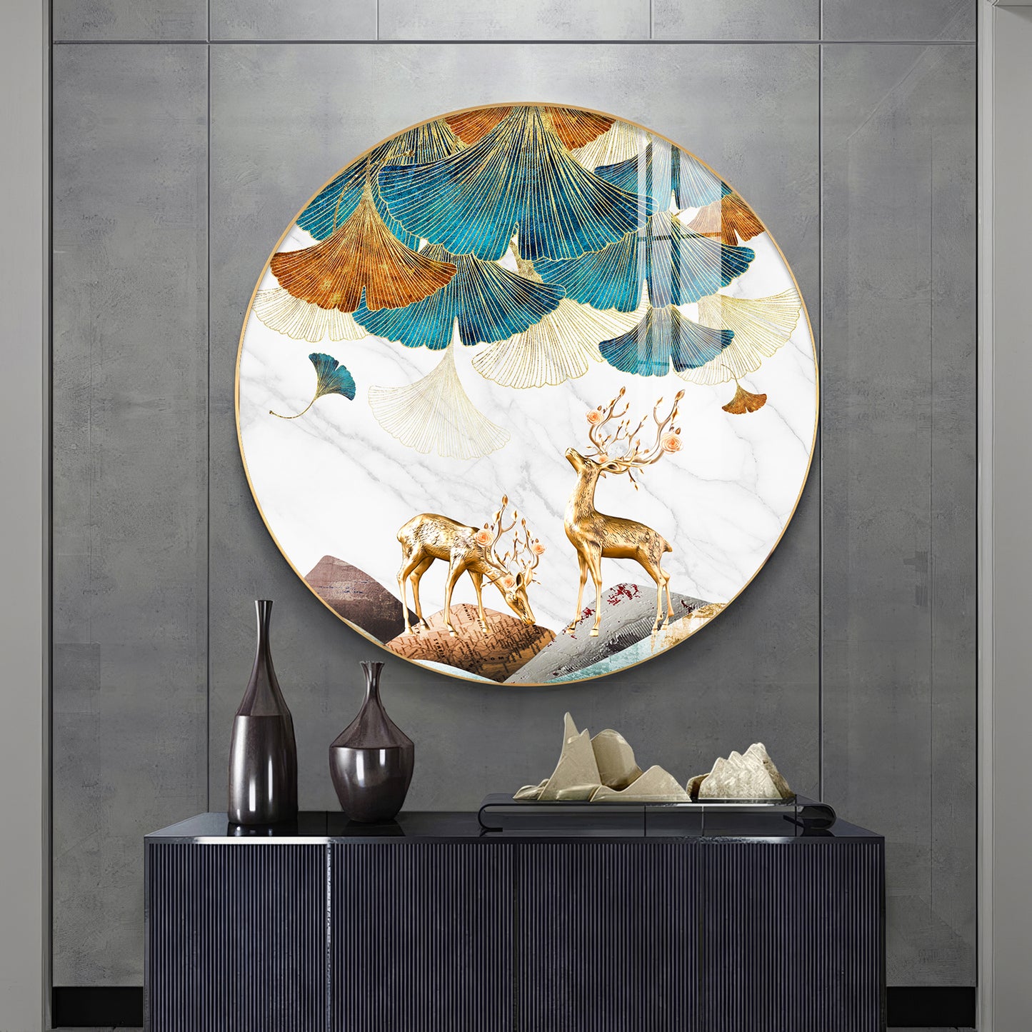Deer and Leaves Premium Acrylic Round Wall Art
