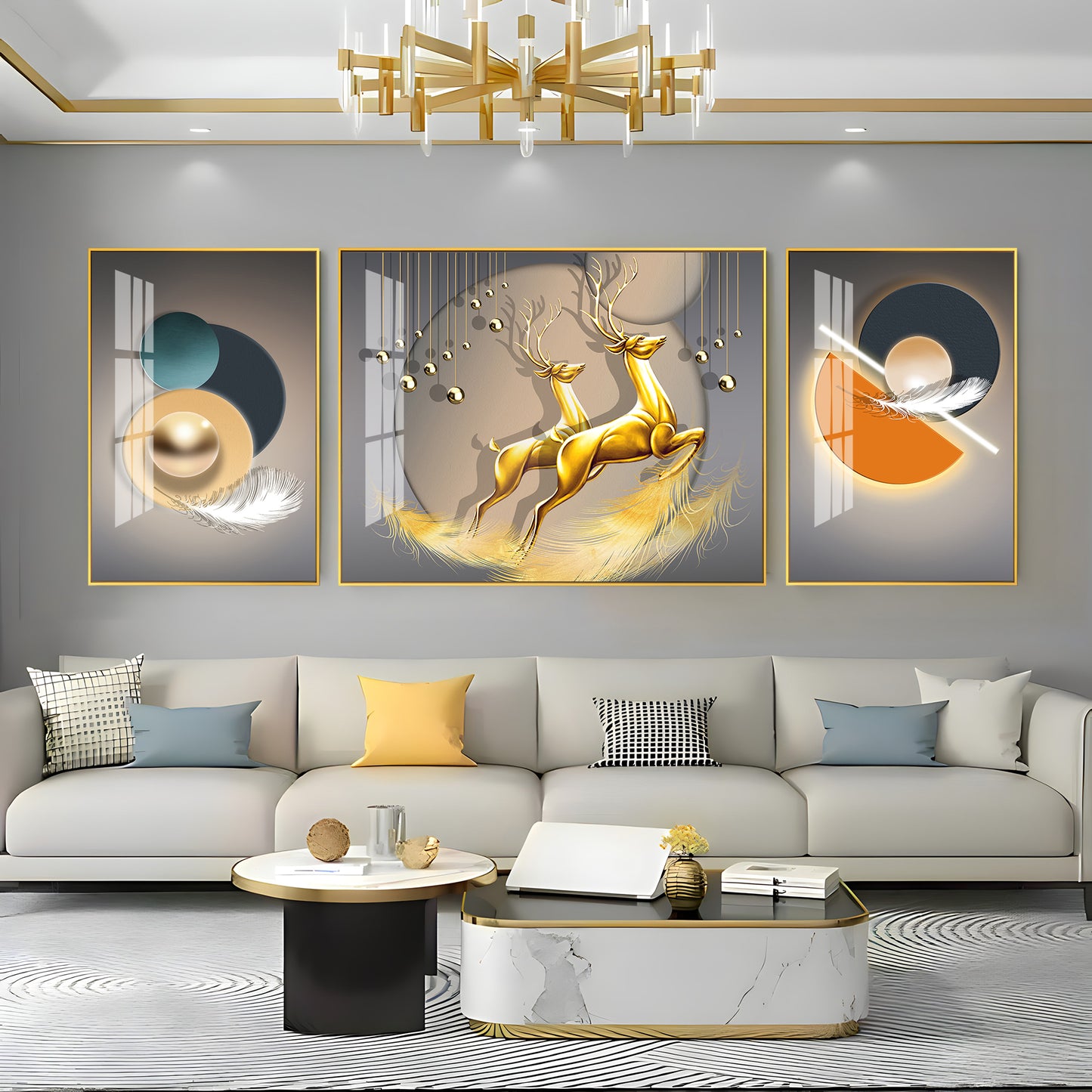 Golden Reindeer Premium Acrylic Wall Art (Set of 3)