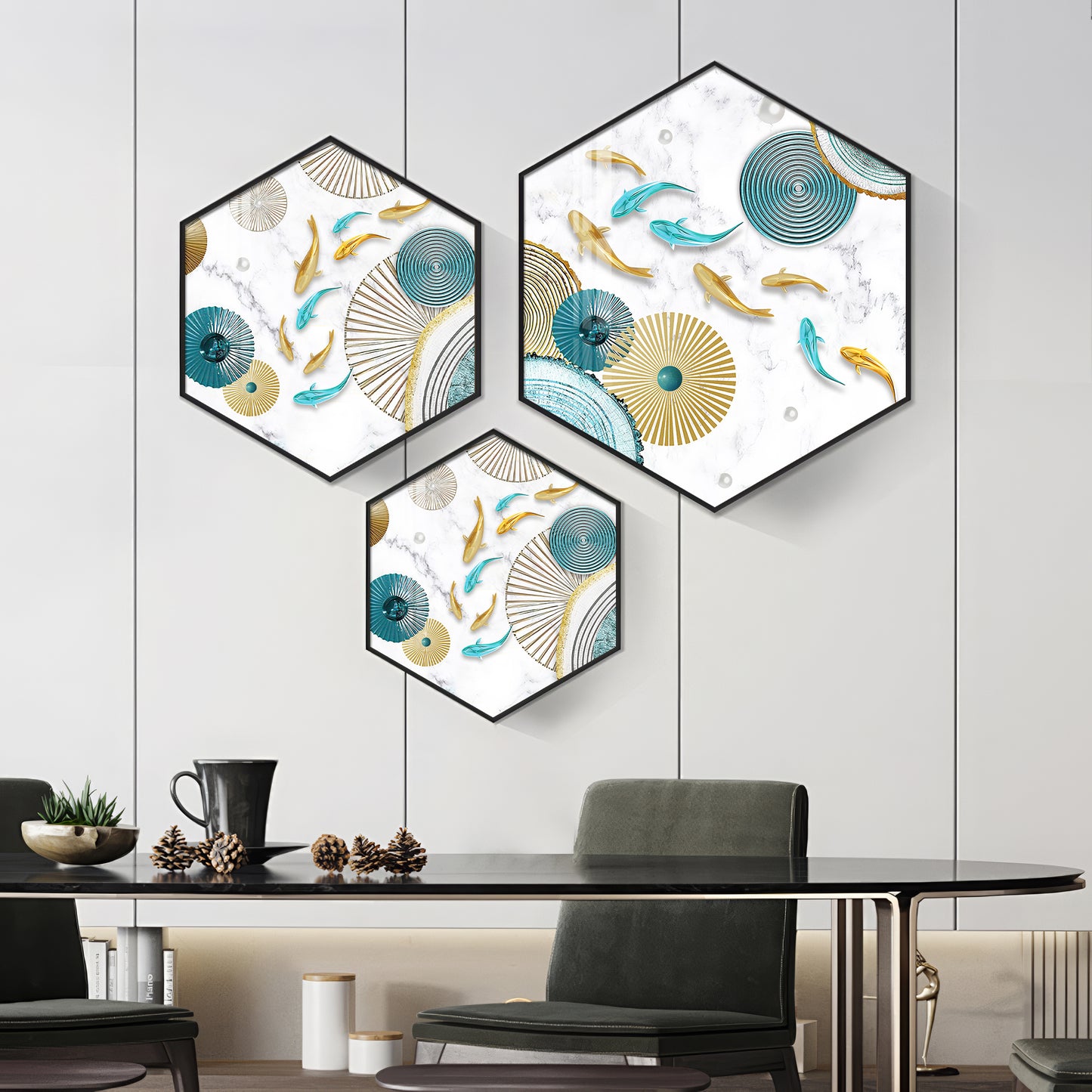 Koi Fish In Blue & Gold Premium Acrylic Hexagon Wall Art (Set of 3)