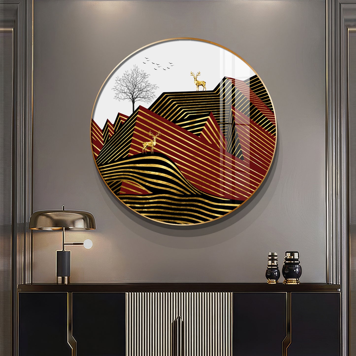 Deer and Mountain Premium Acrylic Round Wall Art