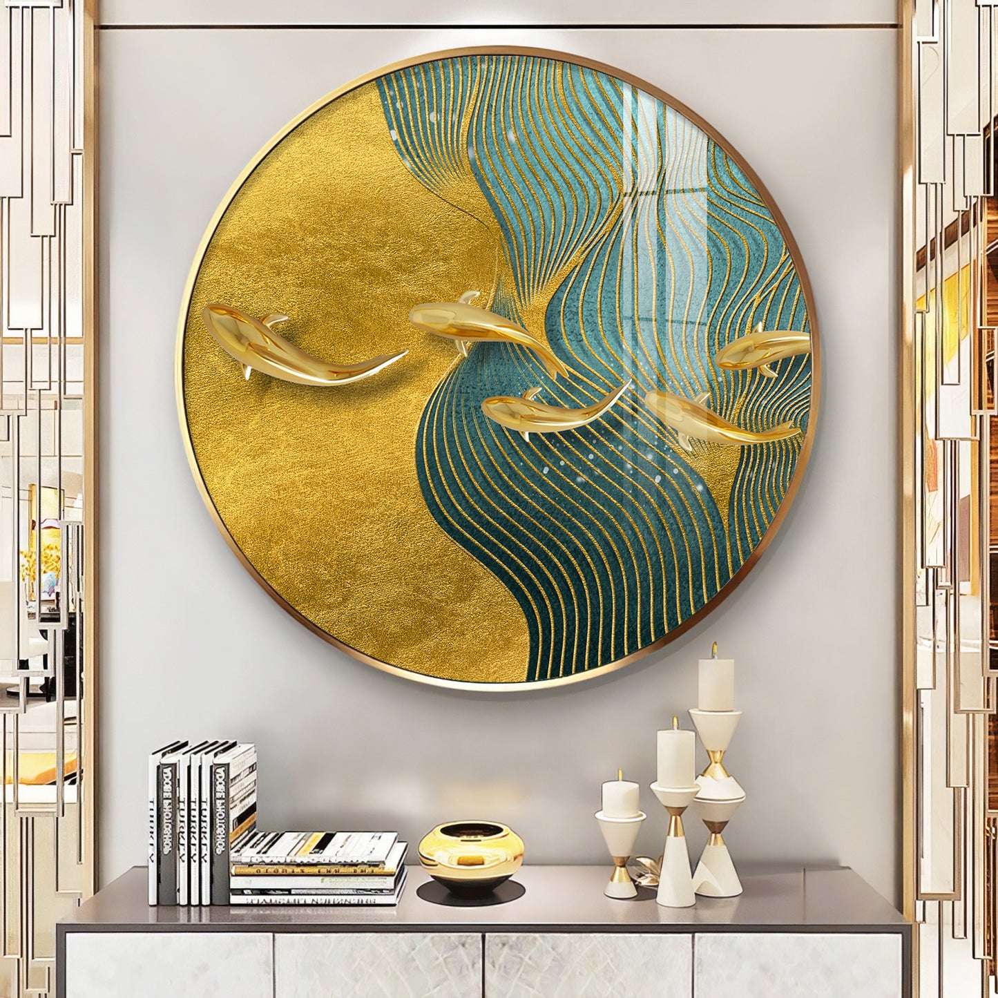 Aqua Gold Premium Acrylic Round Wall Art