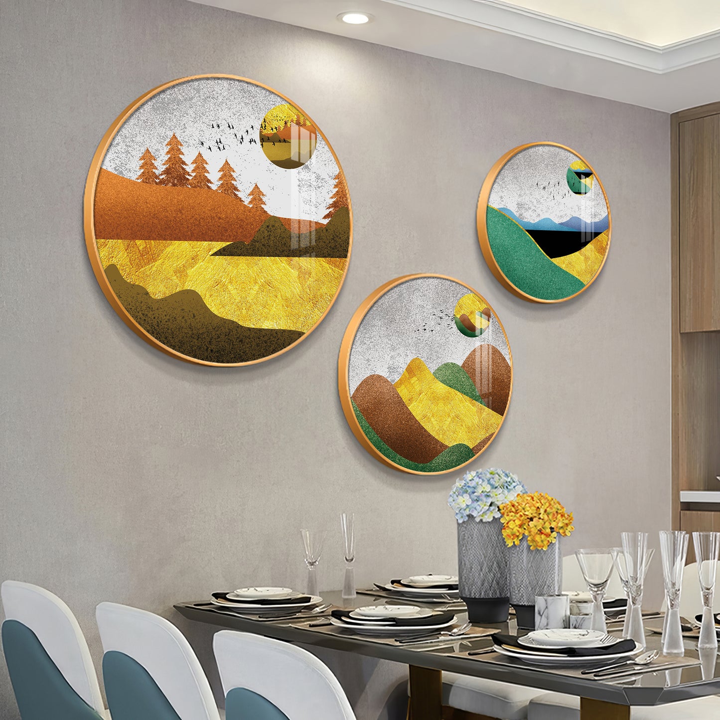 Mountain View Abstract Premium Acrylic Round Wall Art (Set of 3)