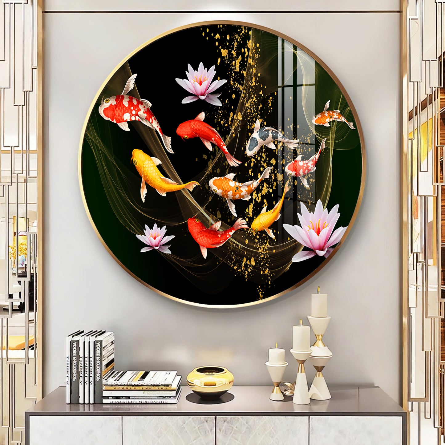 Colorful Koi In Motion Premium Acrylic Round Wall Art