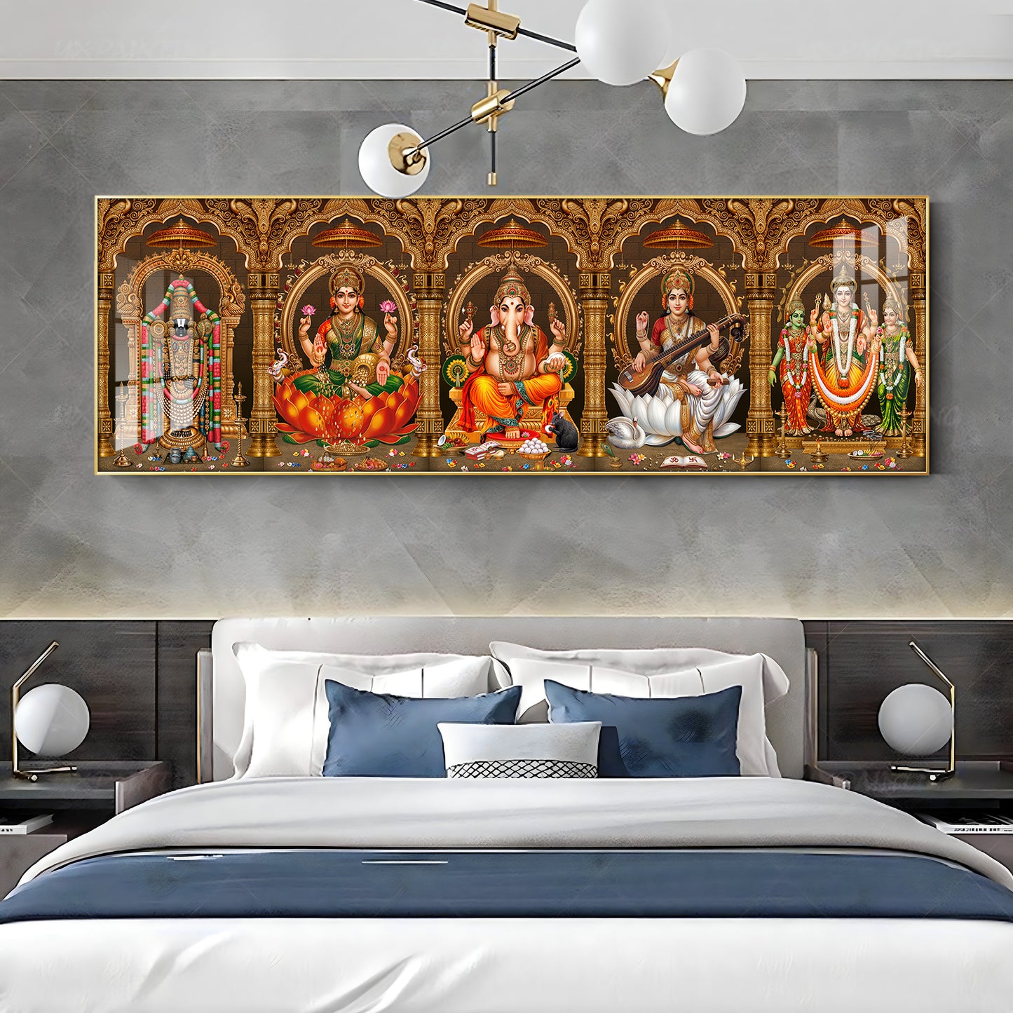 Divine Perumal, Lakshmi, Ganesha, Saraswati & Murugan Premium Acrylic Horizontal Wall Art
