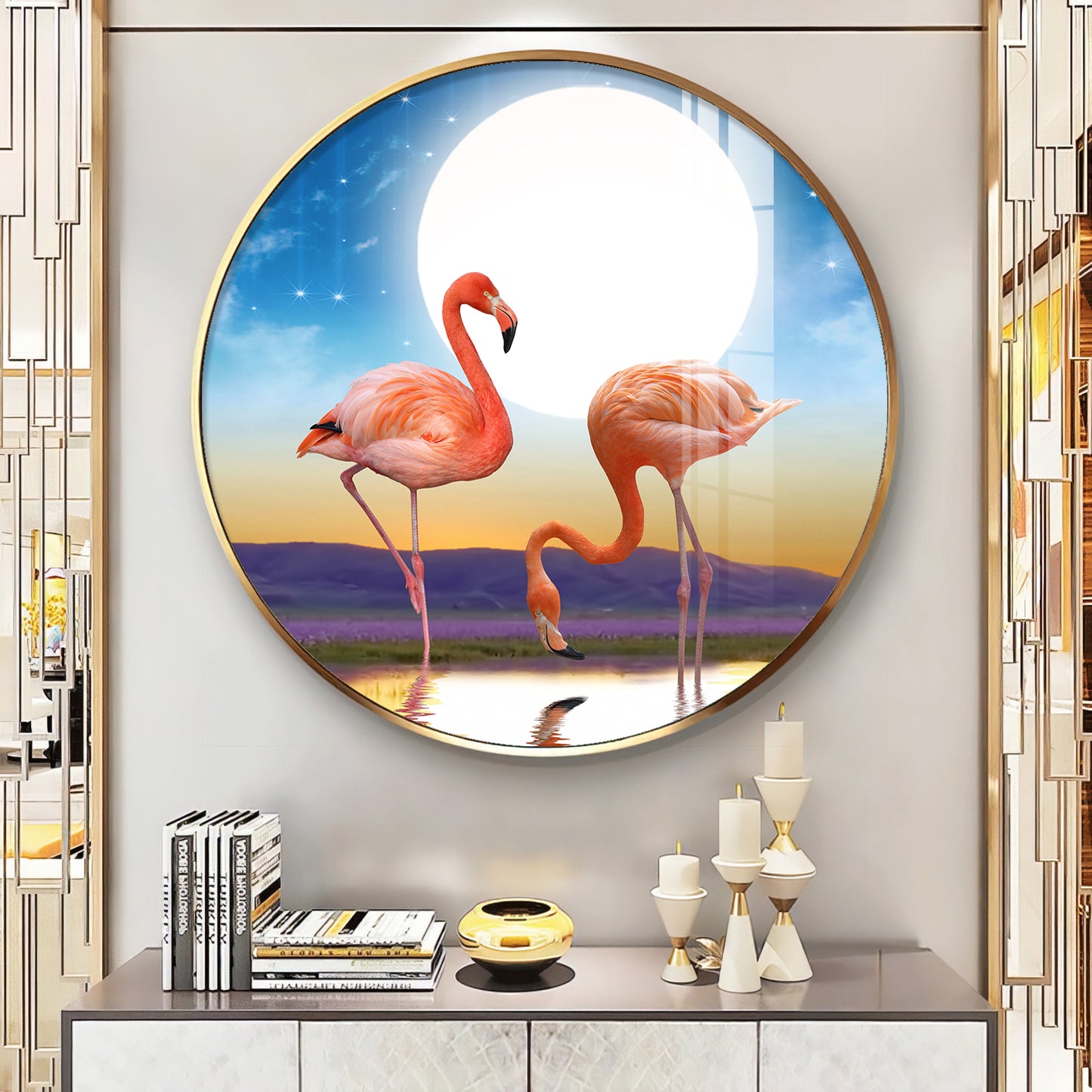 Flamingo Serenity Premium Acrylic Round Wall Art