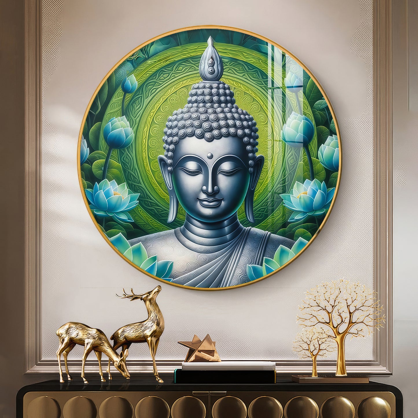 Sacred Buddha In Silver Premium Acrylic Round Wall Art