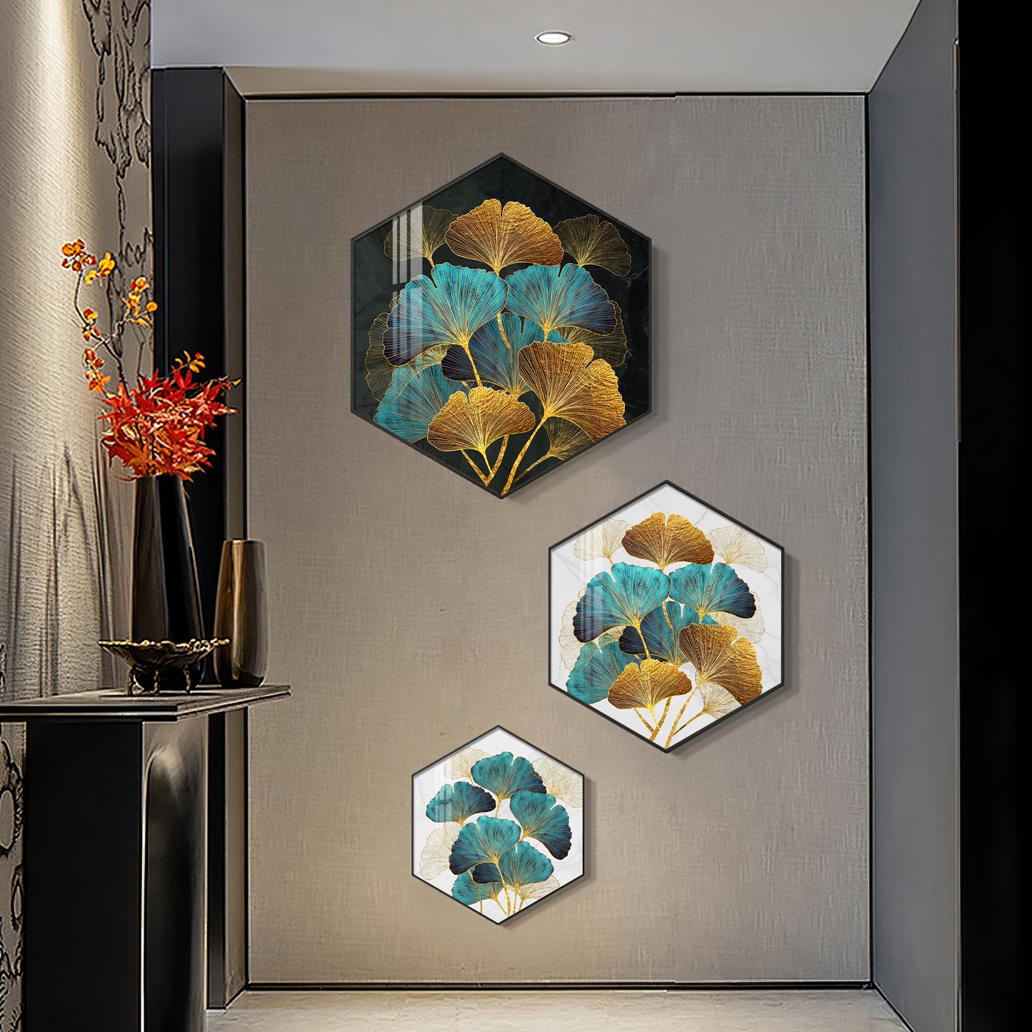 Ginko Leaf Premium Acrylic Hexagon Wall Art (Set of 3)