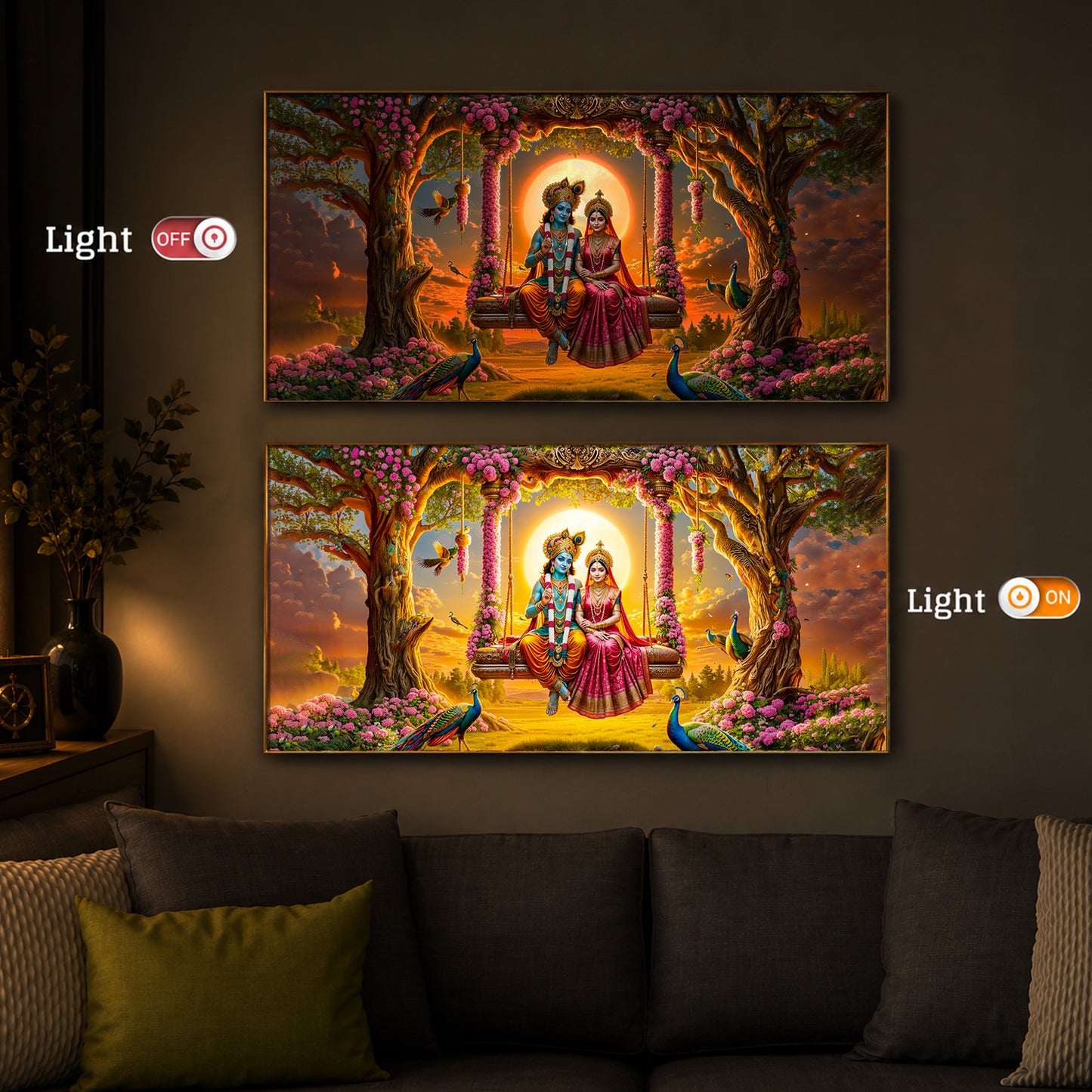 Loving Couple Lord Radha Krishna Modern Luxury Backlight Horizontal Wall Art