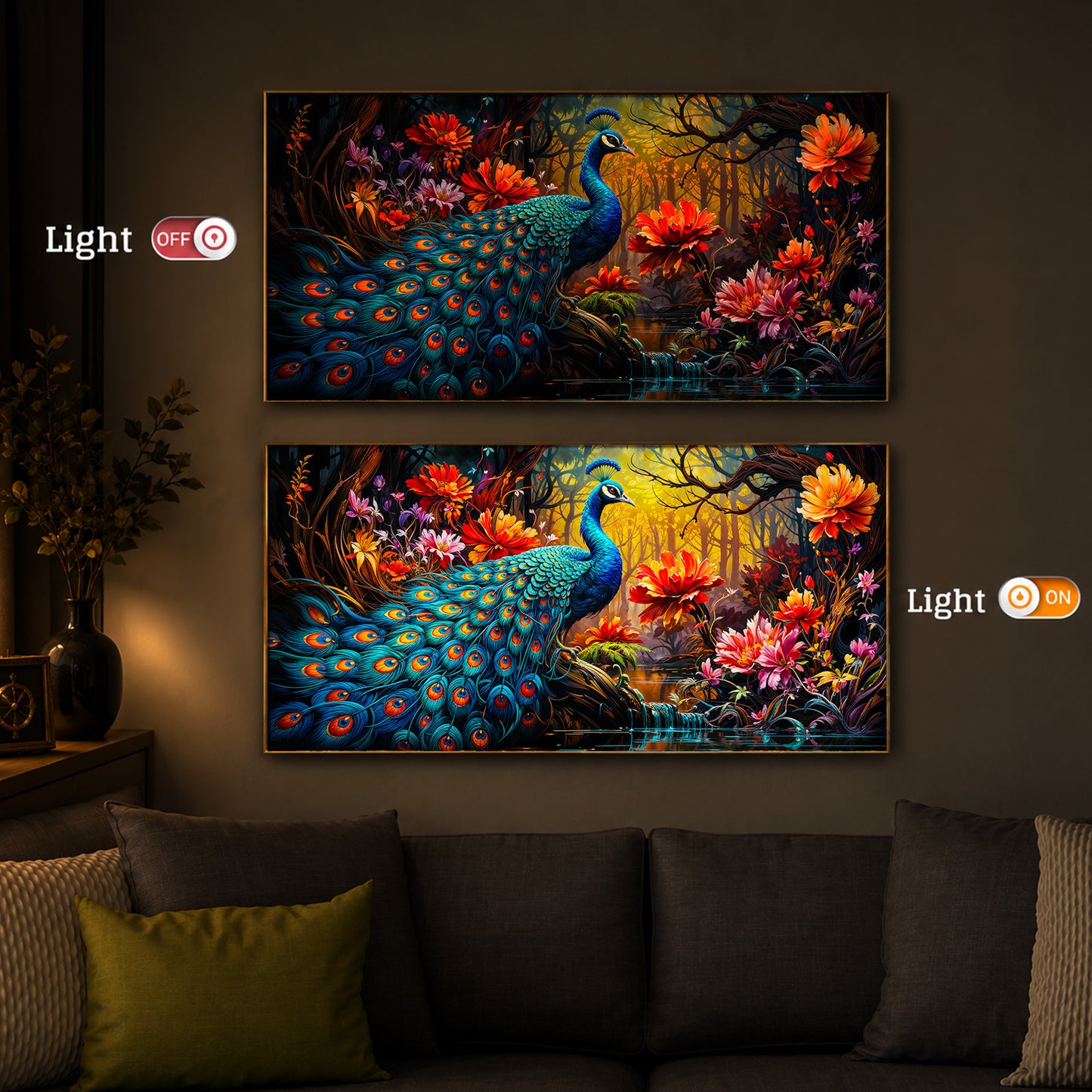 Beautiful Peacock Modern Luxury Backlight Horizontal Wall Art