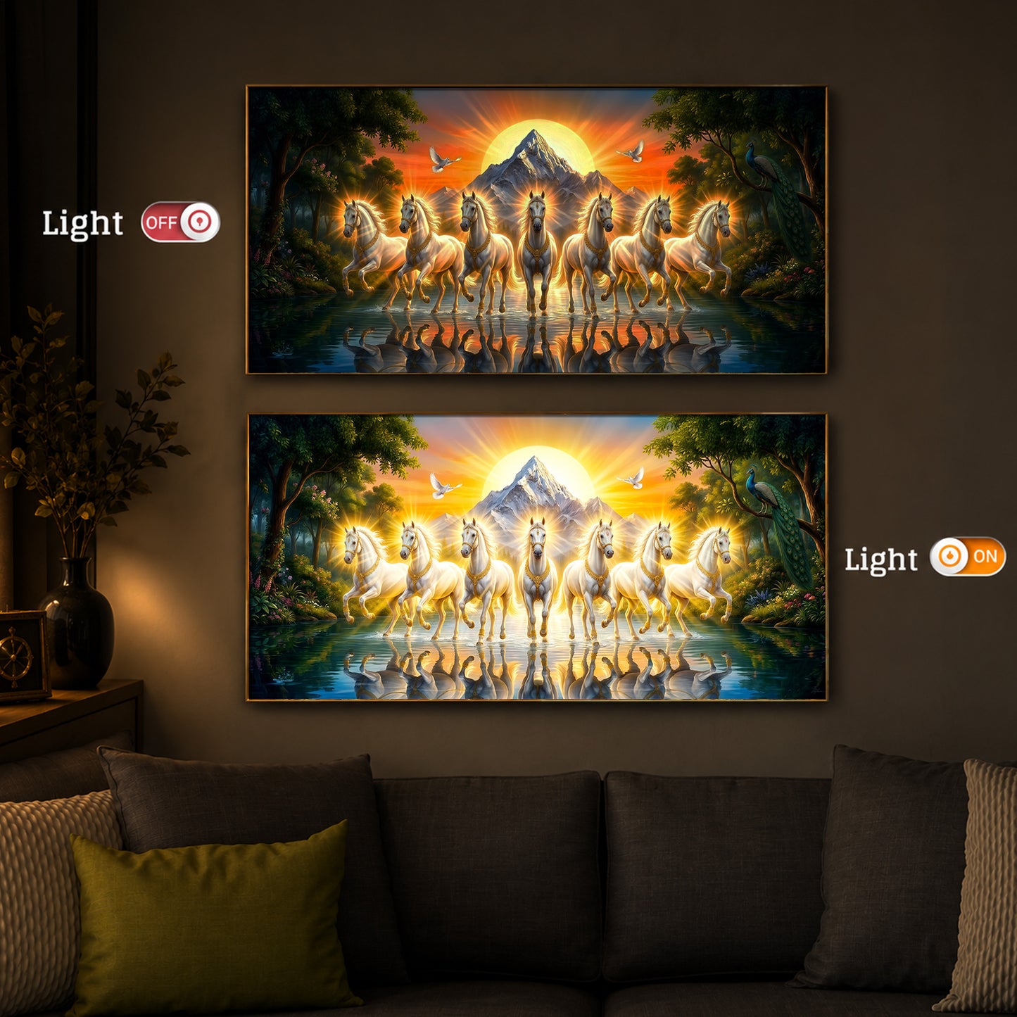 7 White Horses River Glloping Modern Luxury Backlight Horizontal Wall Art