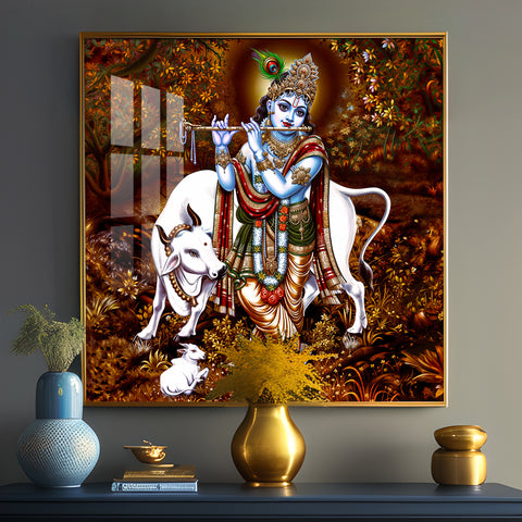 Beautiful Lord Krishna With Cow Premium Acrylic Square Wall Art